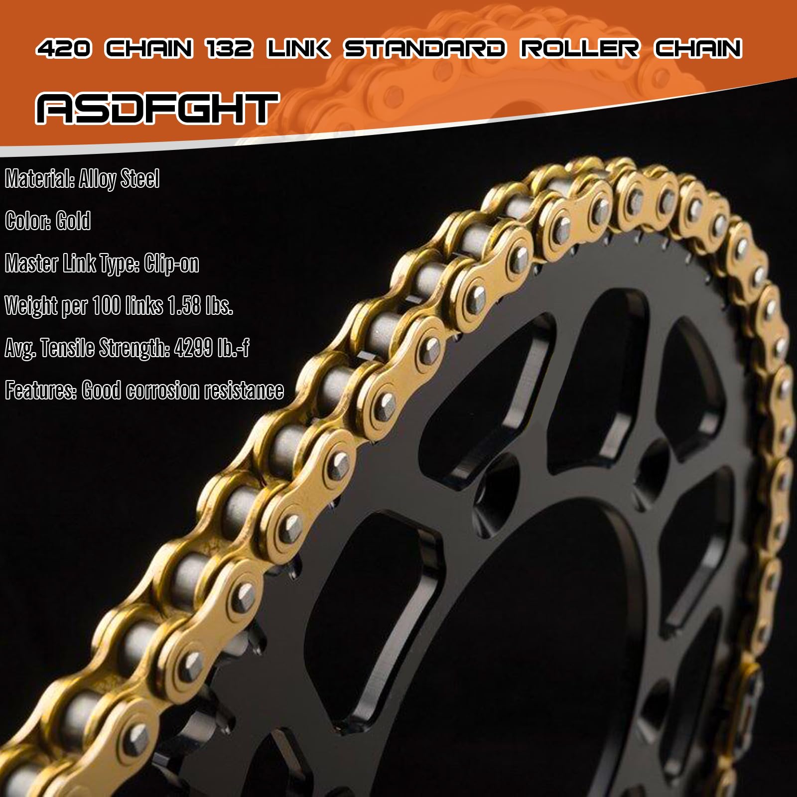 ASDFGHT 420 Roller Chain 132 Links Gold - 420 Drive Chain for 110cc & 125cc Dirt Pit Bikes, ATV, Quad, Go Kart, Scooter & Mini Bikes - Includes Chain Breaker & 0.4