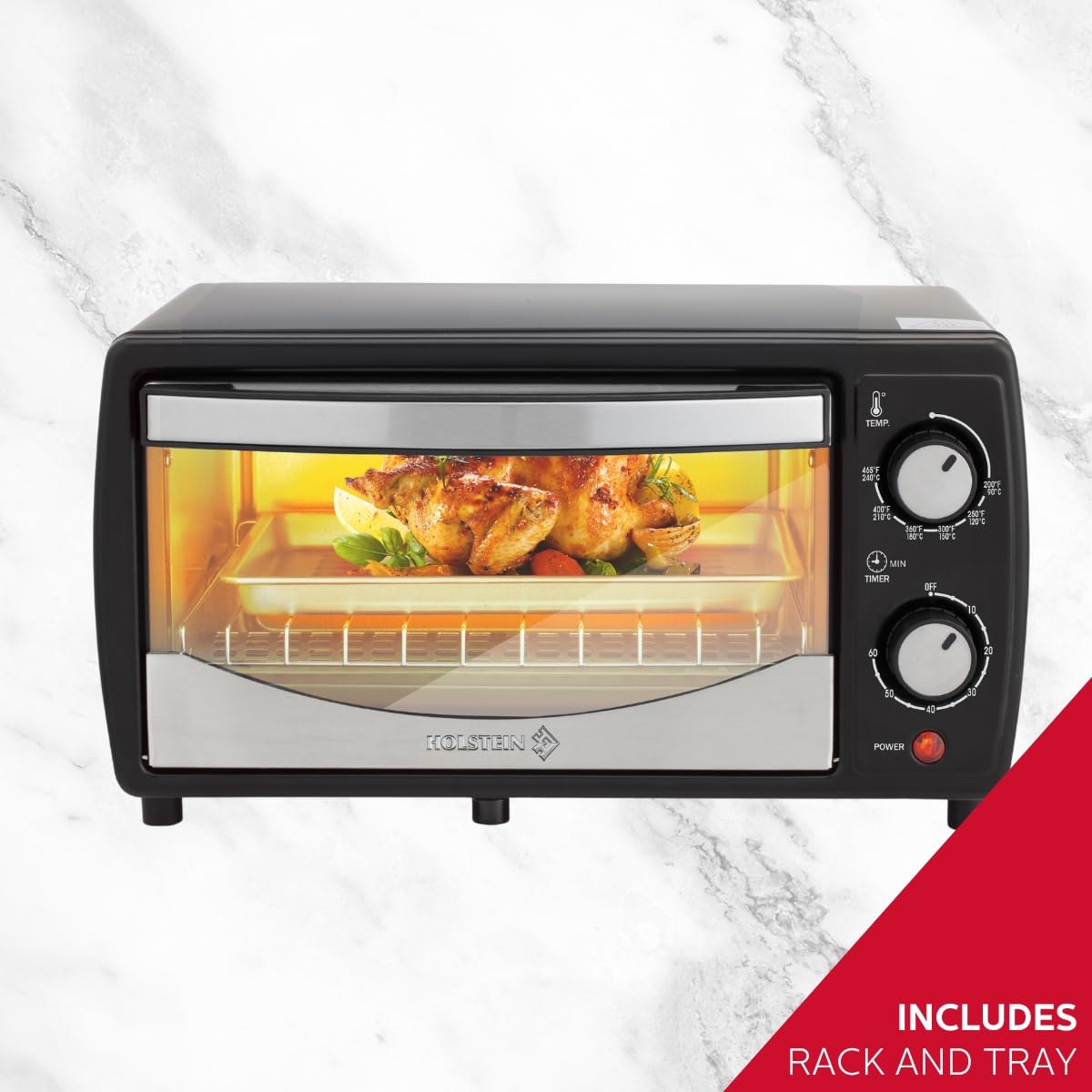 Holstein Housewares 4-Slice Toaster Oven with 60-Minute Timer, Baking Pan & Wire Rack - Compact Countertop Design for Toasting, Broiling, Baking - Perfect for Small Kitchens, Dorms, Apartments & Office Break Rooms