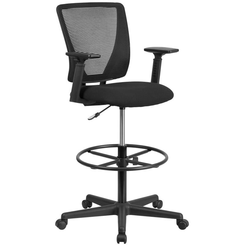 FLASH Harper Ergonomic Mid Back Mesh Office Chair with Adjustable Foot Ring & Arms - Black Fabric Seat for Home Office, Drafting Desk, Computer Workstation & Gaming Setup