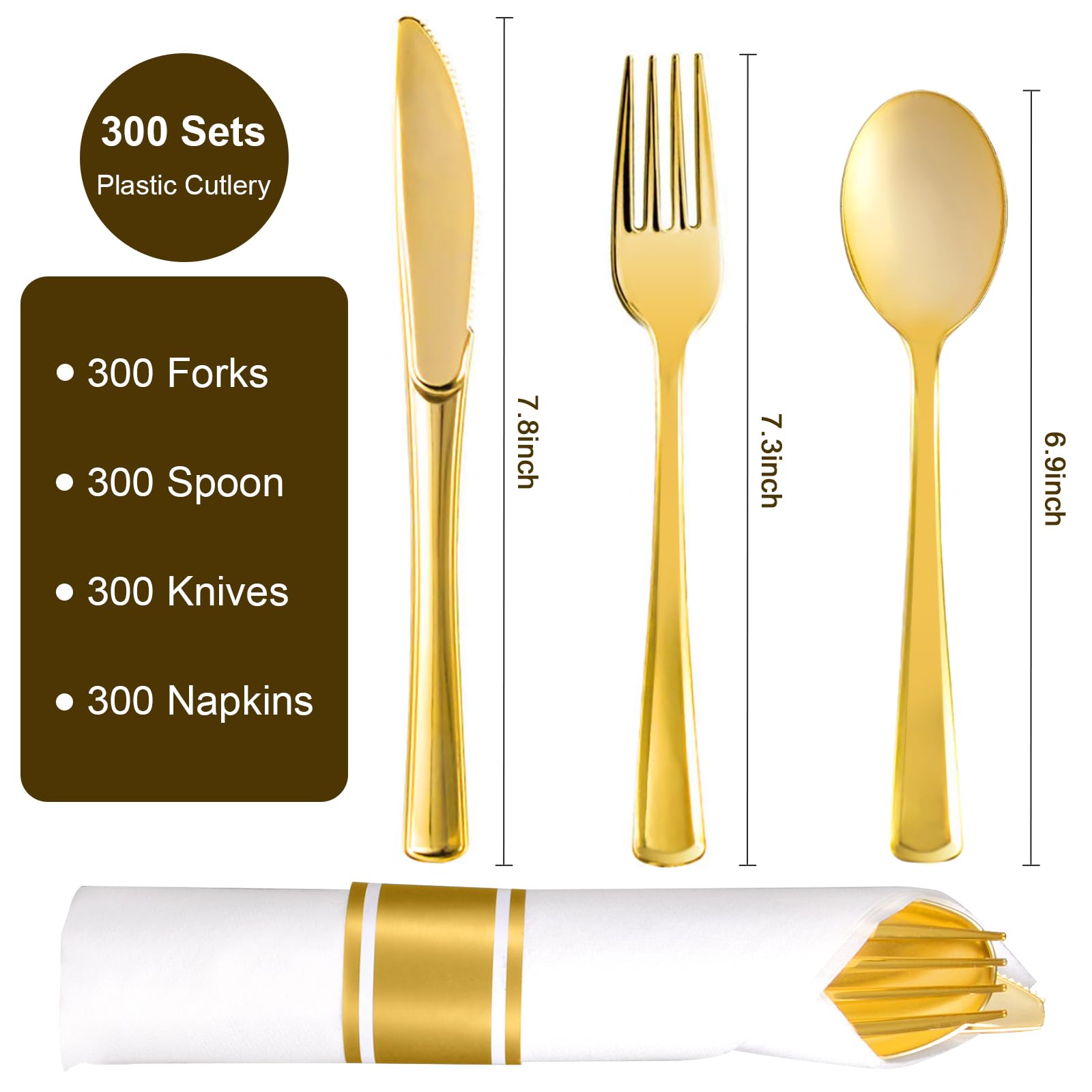Premium 300-Piece Gold Plastic Cutlery Set - Heavy Duty Disposable Forks, Knives, Spoons & Napkins for Parties, Weddings, Birthdays & Catering | Elegant Dinnerware for Events, Picnics & Office Luncheons