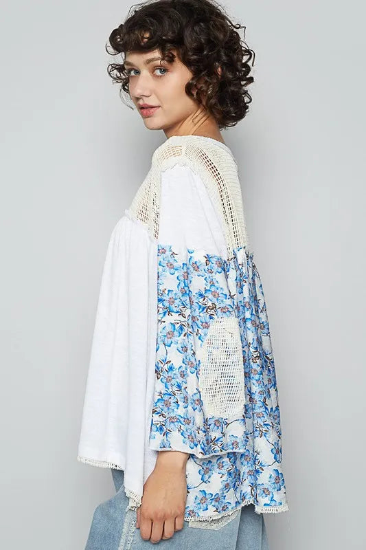 Boho Floral Print Crochet Detail Top - Loose Fit Beach Shirt for Women | Summer Vacation, Music Festival & Casual Outfit