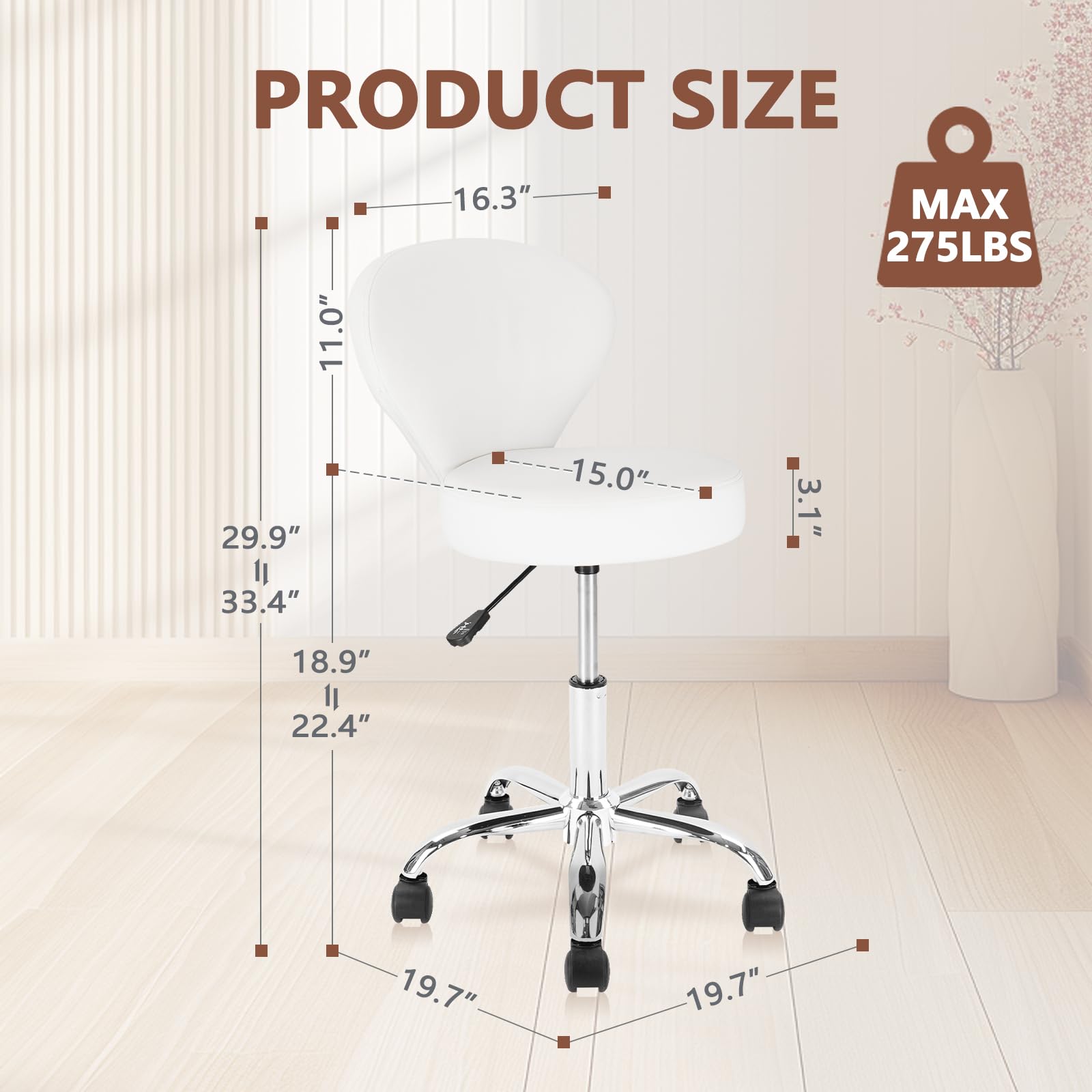 4 Pack PVC Faux Leather Rolling Swivel Salon Stools - Adjustable Hydraulic Height (15-22 Inch) with Low Back Support - Perfect for Office, Massage, Facial Spa, Medical & Tattoo Parlors - White Salon Chairs for Professional & Home Use