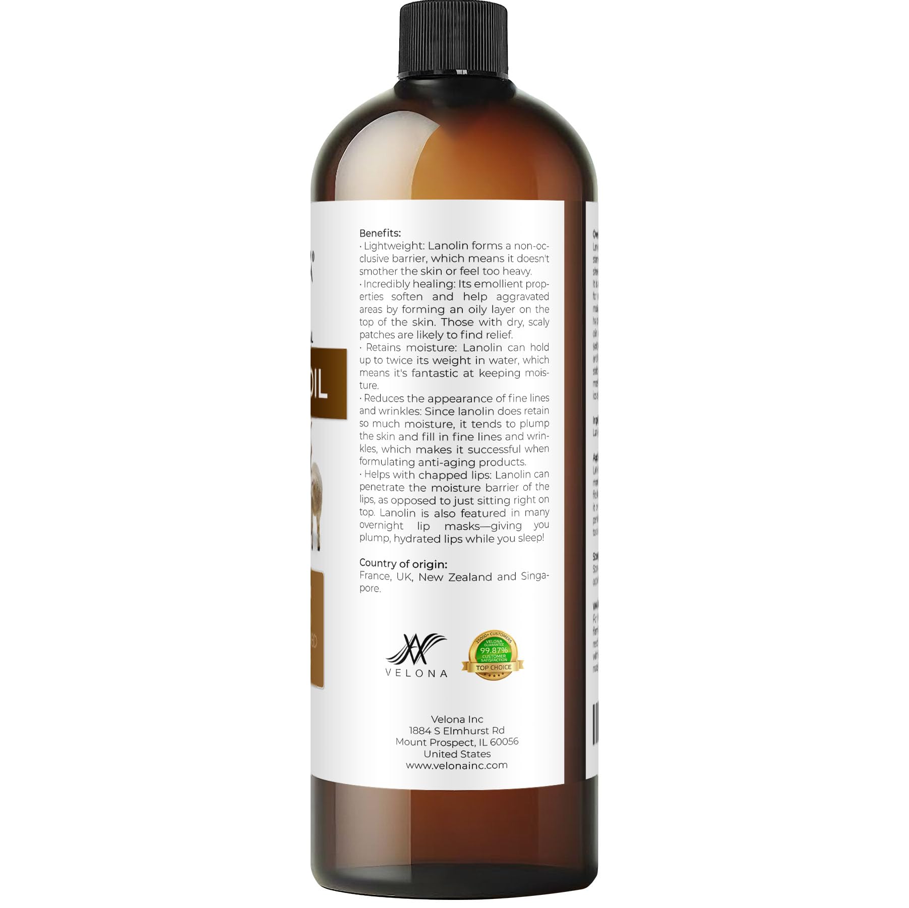 Velona Lanolin Oil USP Grade 16 fl oz - 100% Pure Natural Refined Cold Pressed Carrier Oil for Skin, Hair, Body & Face Moisturizer - Perfect for Dry Skin Care, DIY Beauty Products & Massage Therapy