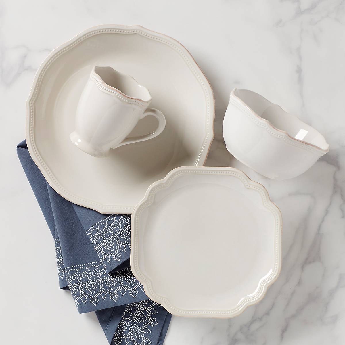 French Pearl Bead White 4-Piece Place Setting - Elegant Dinnerware Set for Formal Dining, Wedding, and Special Occasions