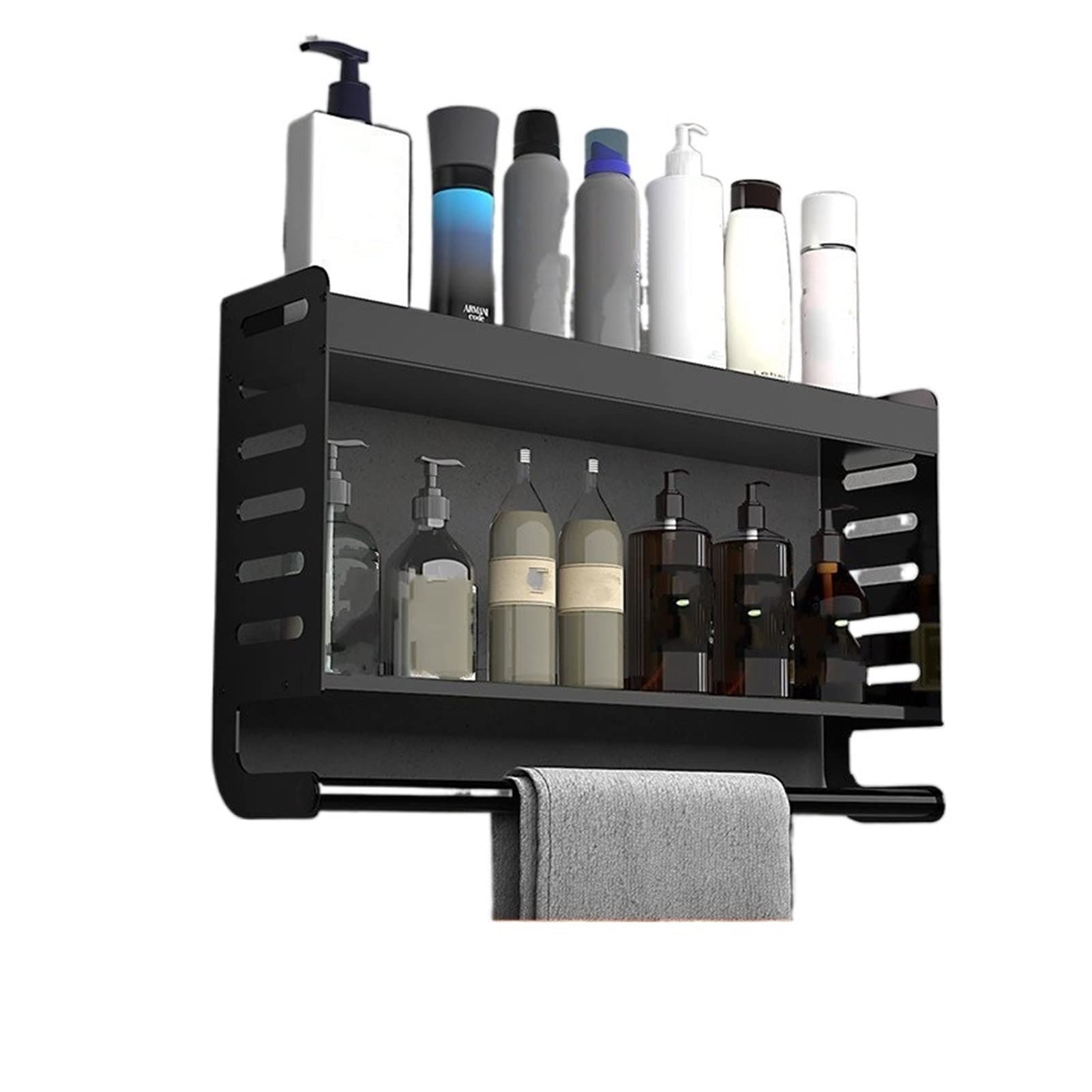 HAIDINB No-Drill Shower Storage Rack - Multifunctional Bathroom Organizer with Towel Hooks - Space Saving Wall Mount Shelf for Bath Towels, Toiletries & Shampoo (Black, 50cm) - Perfect for Small Bathrooms & Apartment Living