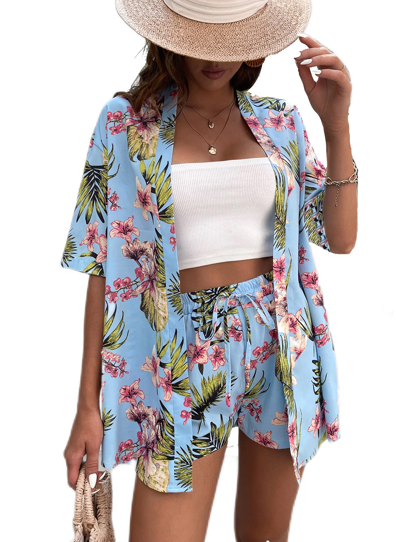 Milumia Women's Tropical Print Two Piece Outfit - Drop Shoulder Blouse & Shorts Set | Summer Beach Vacation, Pool Party & Casual Outfit