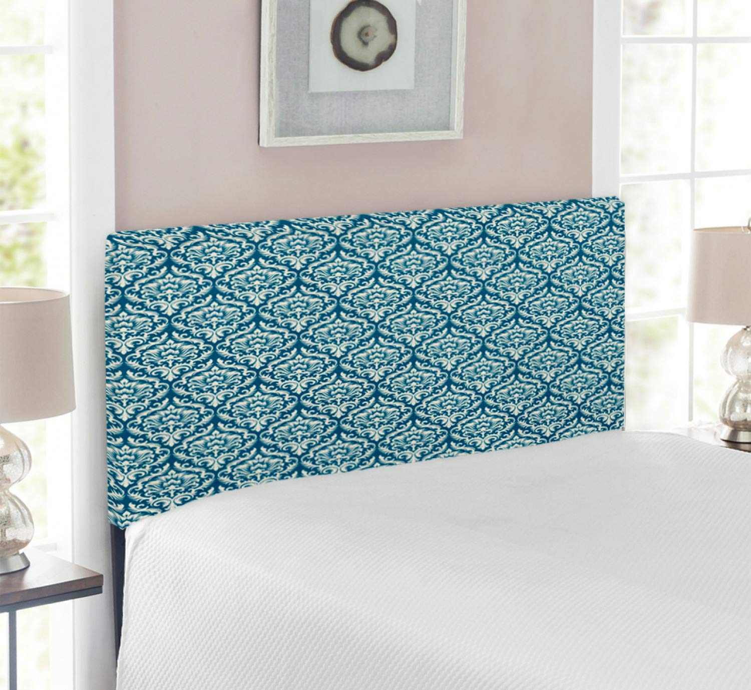 Ambesonne Floral Damask Headboard - Victorian Baroque Upholstered Metal Bed Headboard with Memory Foam, Twin Size, Blue & White - Perfect for Master Bedroom, Guest Room & Home Decor