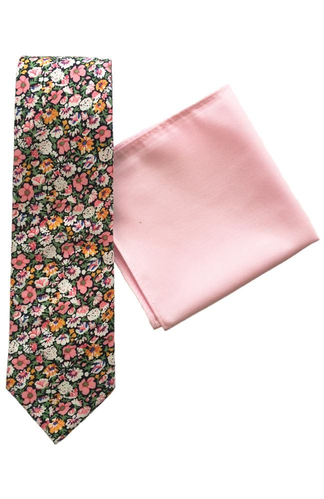 L A Smith Pink & White Floral Cotton Tie and Hankie Set - Elegant Accessories for Weddings, Parties & Special Occasions