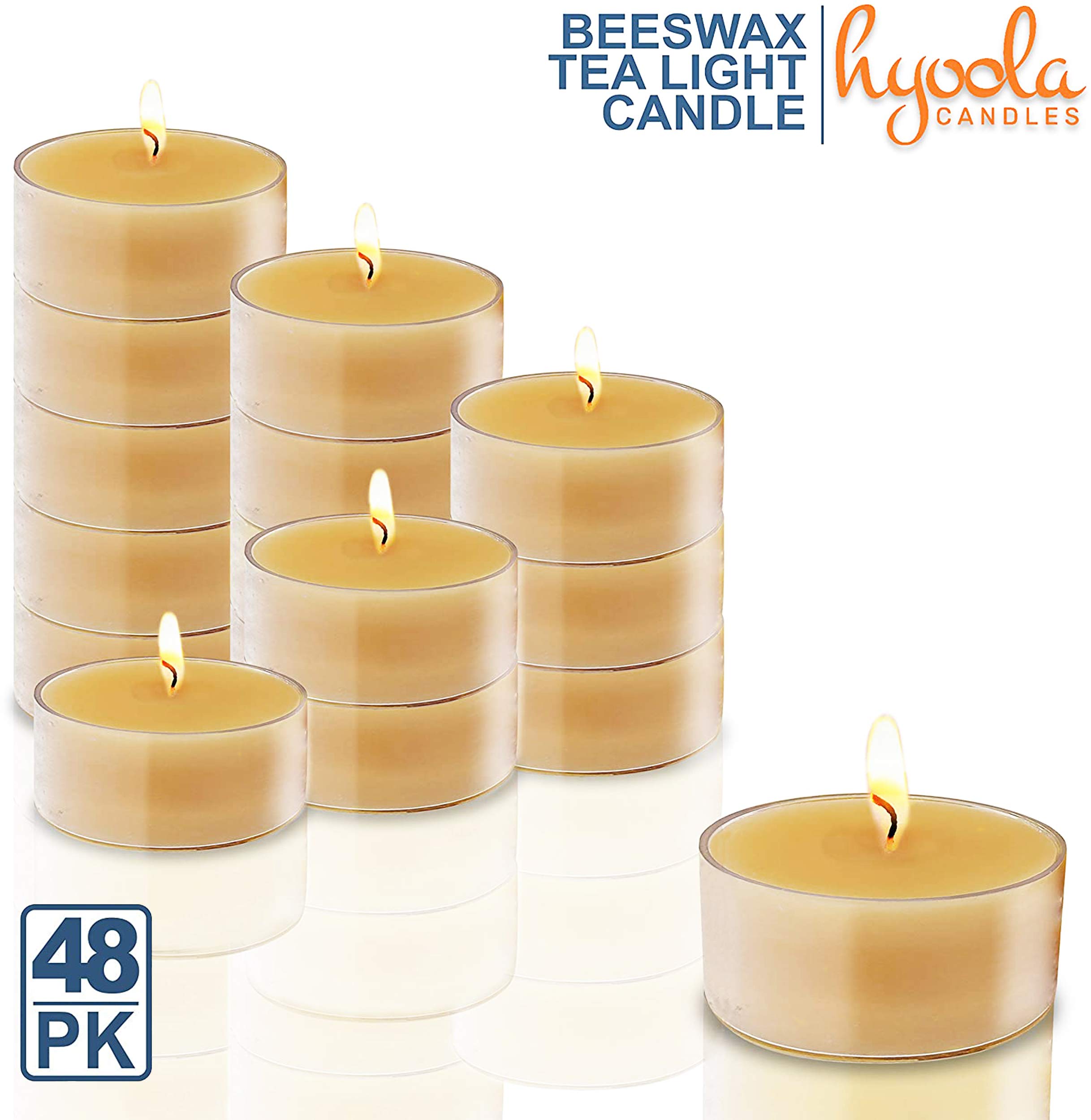 Hyoola Pure Beeswax Tea Light Candles - Handmade Unscented Decorative Tealights with 4 Hour Burn Time in Clear Cups (Pack of 48) - Perfect for Romantic Dinners, Spa Relaxation & Home Decor