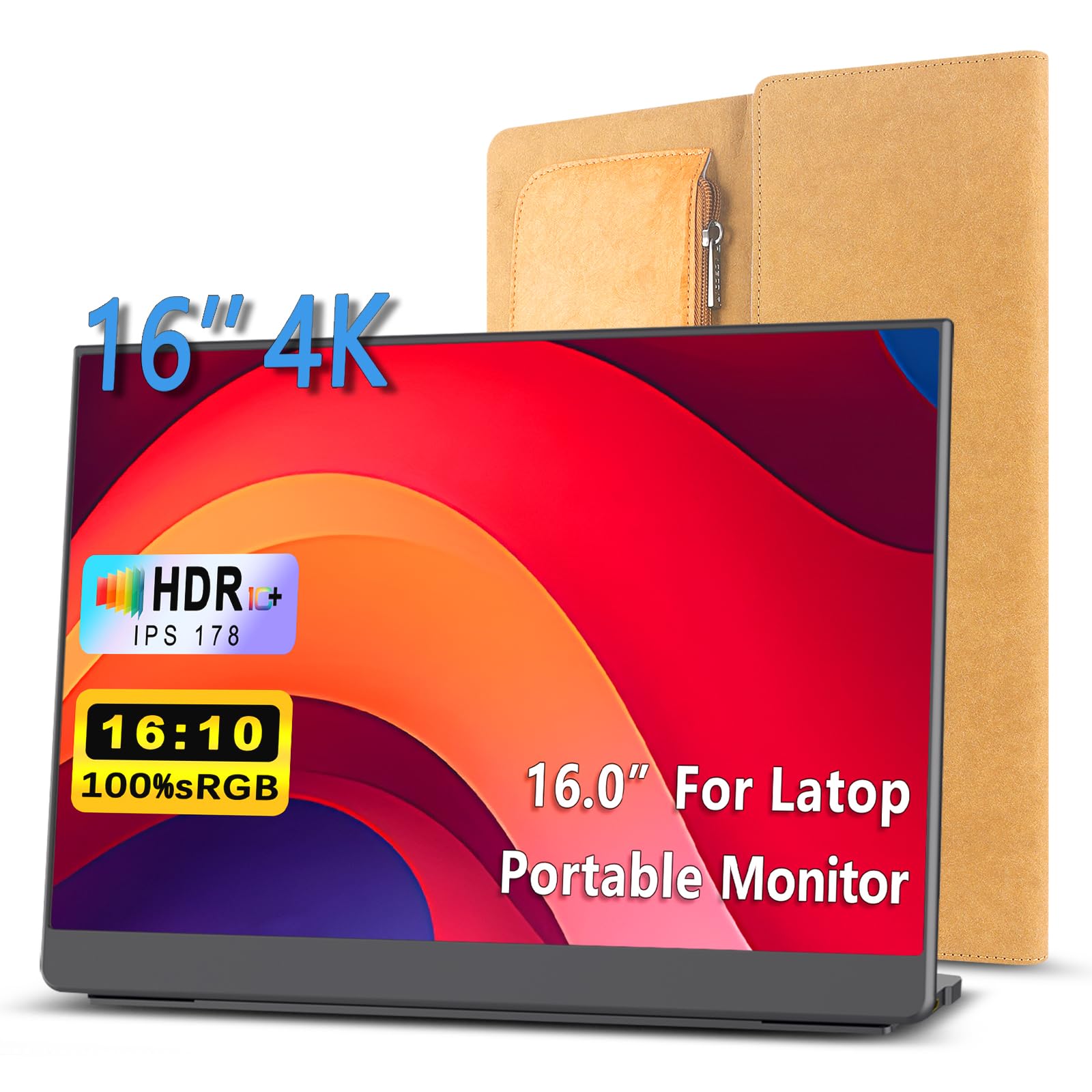 4K 16-inch Portable Monitor for Laptop - 3840x2400 Resolution IPS Screen, Ultra-Slim External Travel Monitor for MacBook, Mini PC, Gaming | Includes Folding Stand & Protective Case | Perfect for Remote Work, Business Travel, and Mobile Gaming