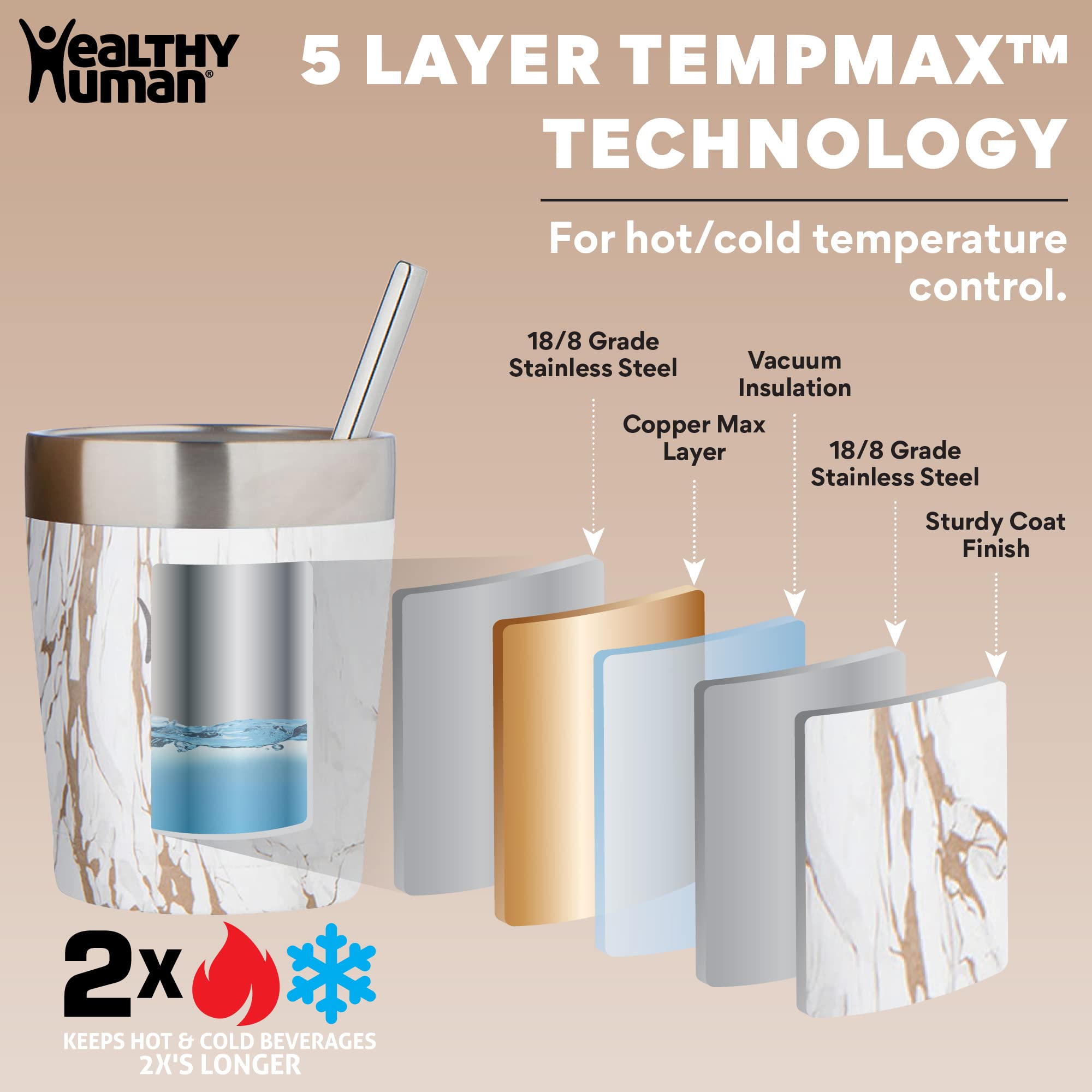 Healthy Human Stainless Steel Tumbler with Straw - 12oz Insulated Travel Mug, Splash Proof & Eco-Friendly Coffee Cup with Cleaning Brush (Stone Gold) | Perfect for Office, Gym, Hiking & Outdoor Activities