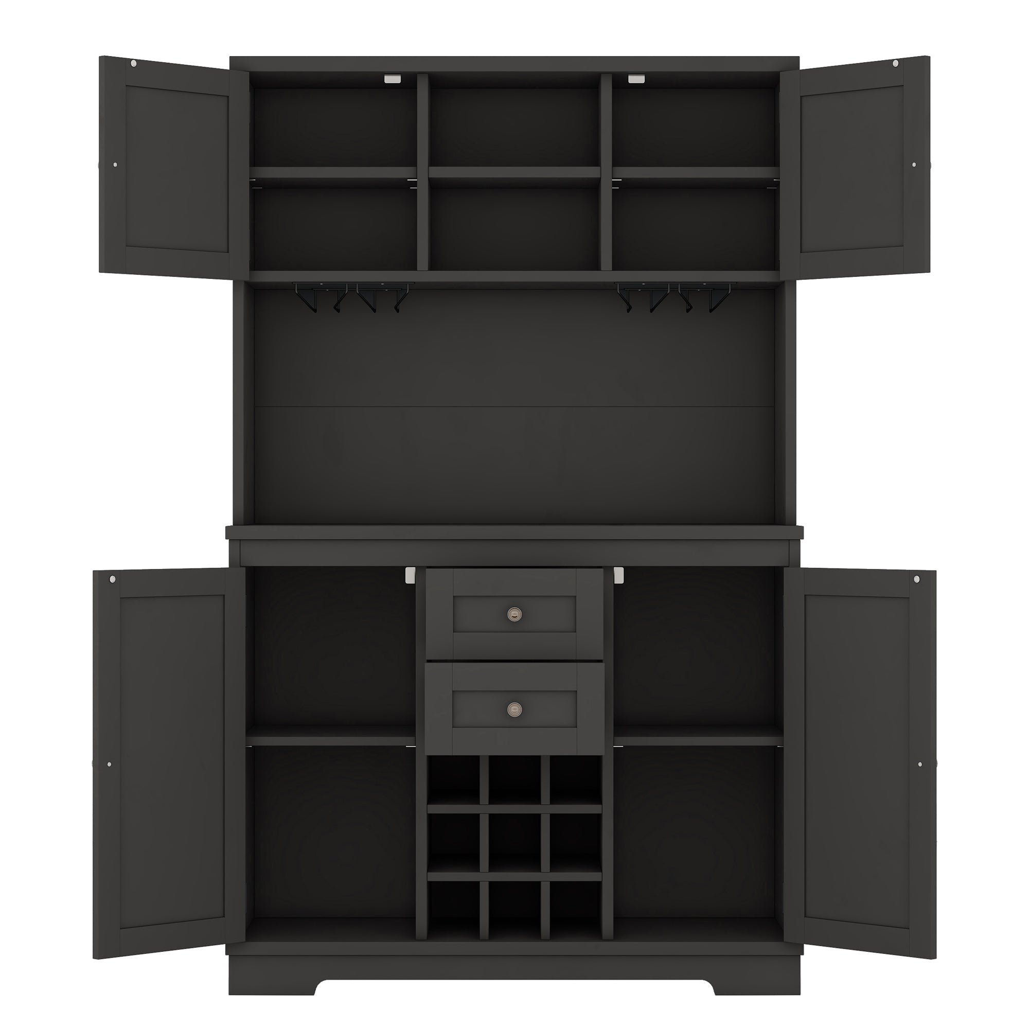 Farmhouse Coffee Bar Cabinet with Storage - Kitchen Buffet Cabinet with Drawers, Shelves & Wine Glass Racks - Rustic Dining Room Furniture for Kitchen, Bar & Entertaining - Black