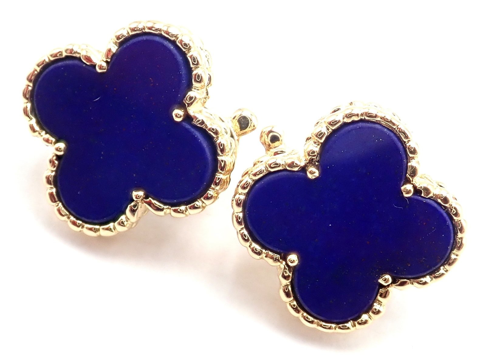 Van Cleef & Arpels 18k Yellow Gold Vintage Alhambra Blue Lapis Lazuli Earrings - Luxury Jewelry for Women, Perfect for Weddings, Parties & Special Occasions