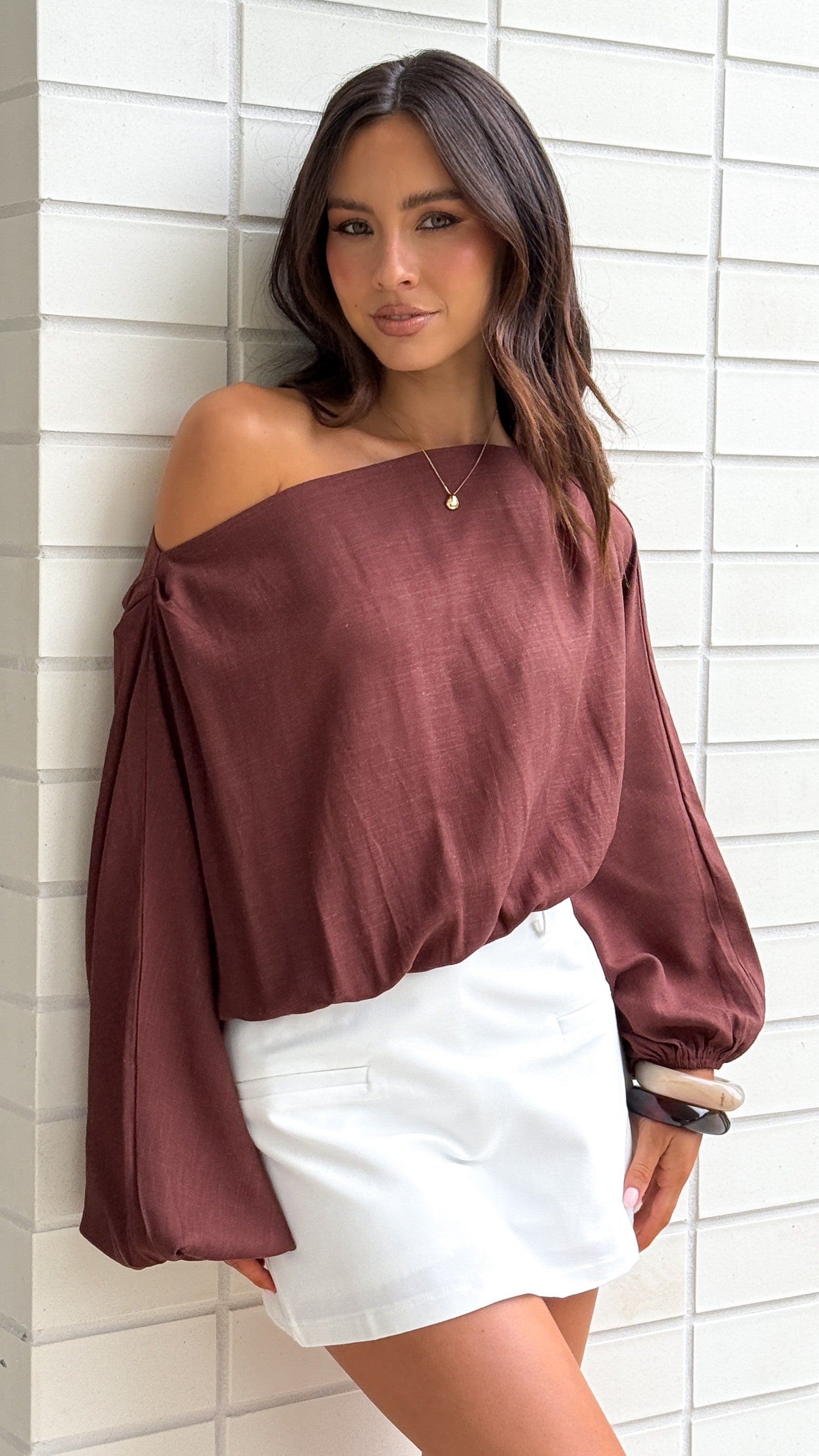 Katara Women's Off Shoulder Tops - Sexy Chocolate Brown Blouse for Summer, Beach, and Date Night Outfits