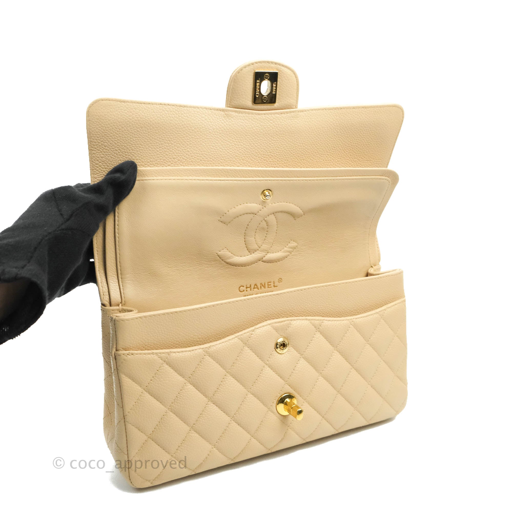 Chanel Classic Medium Double Flap Bag in Beige Caviar Leather with Gold Hardware - Luxury Designer Handbag for Women, Perfect for Work, Evening Events & Special Occasions