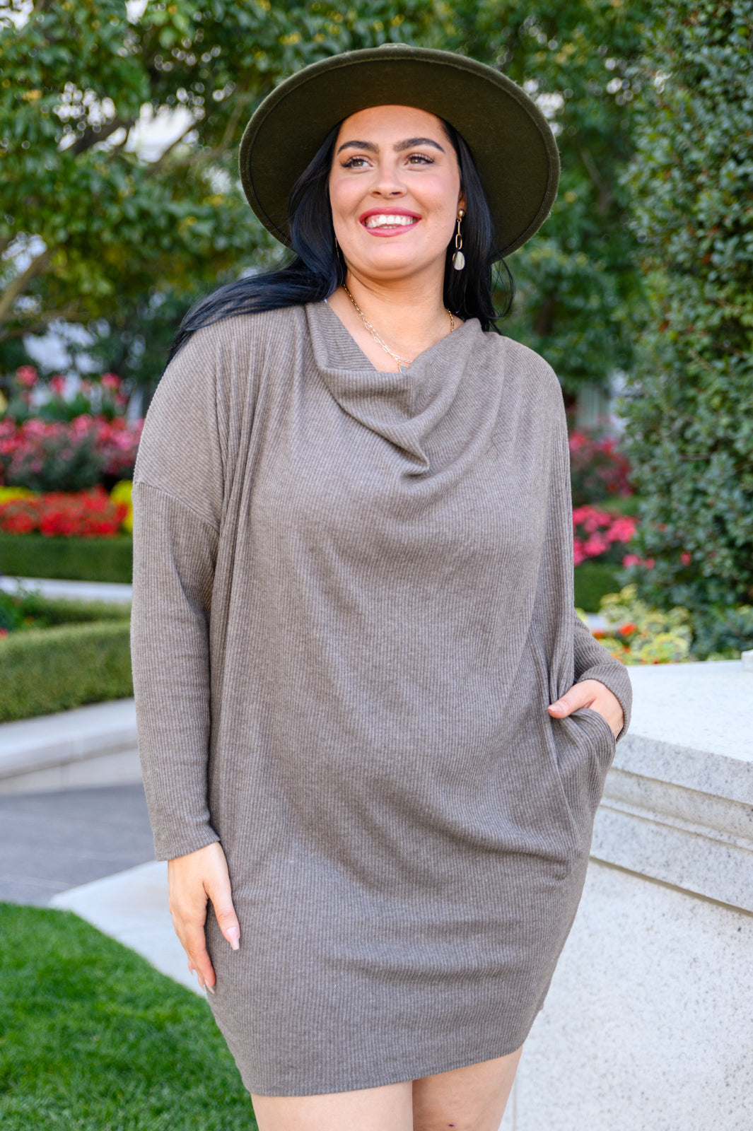 Be True Cowl Neck Knit Mini Dress in Cocoa - Women's Elegant Casual Bodycon Dress for Date Night & Party Wear