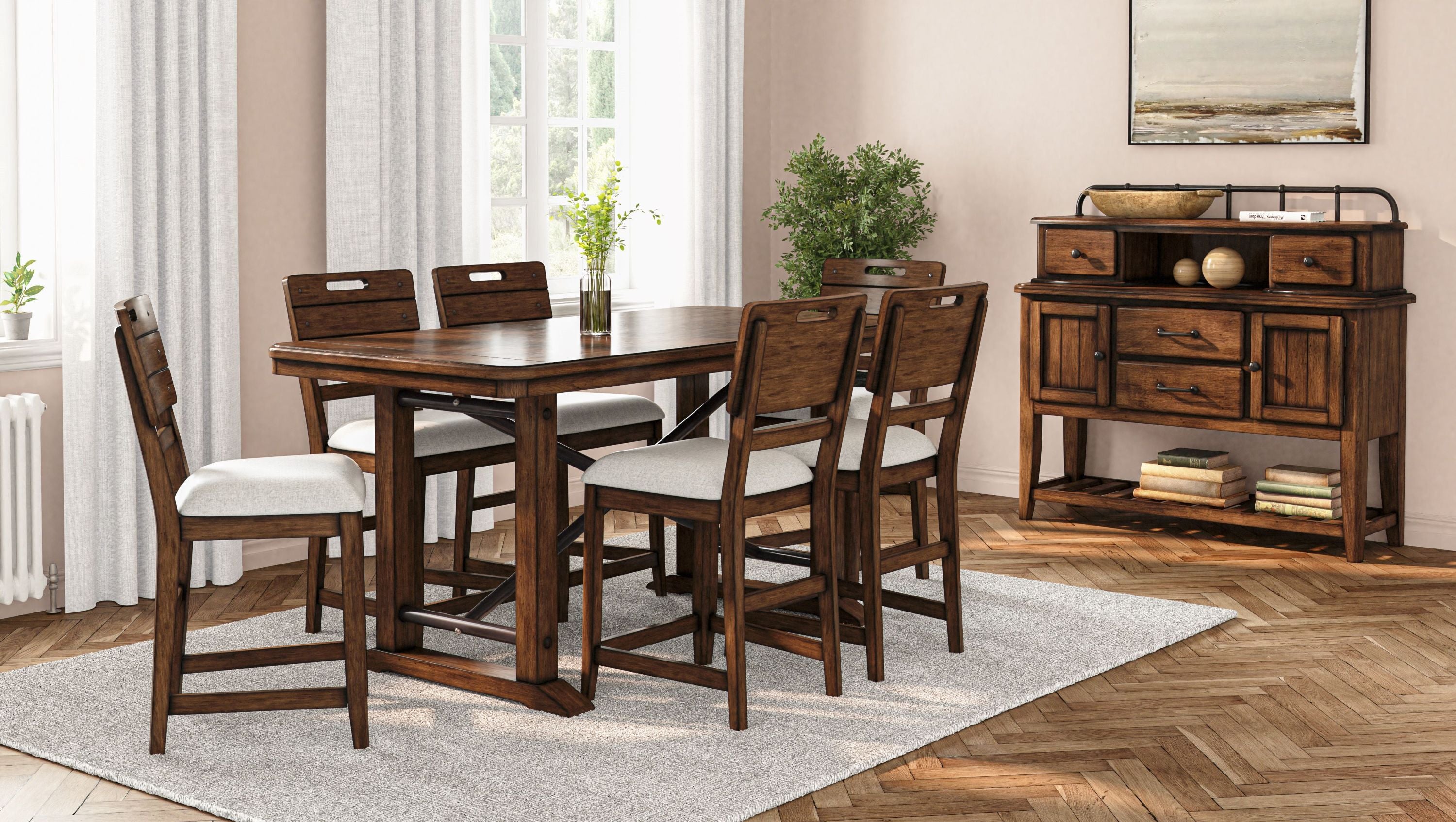 Set of 2 Brown Casual Counter Stools with Contrasting Upholstered Seats - Perfect for Kitchen Islands, Breakfast Bars & Home Decor