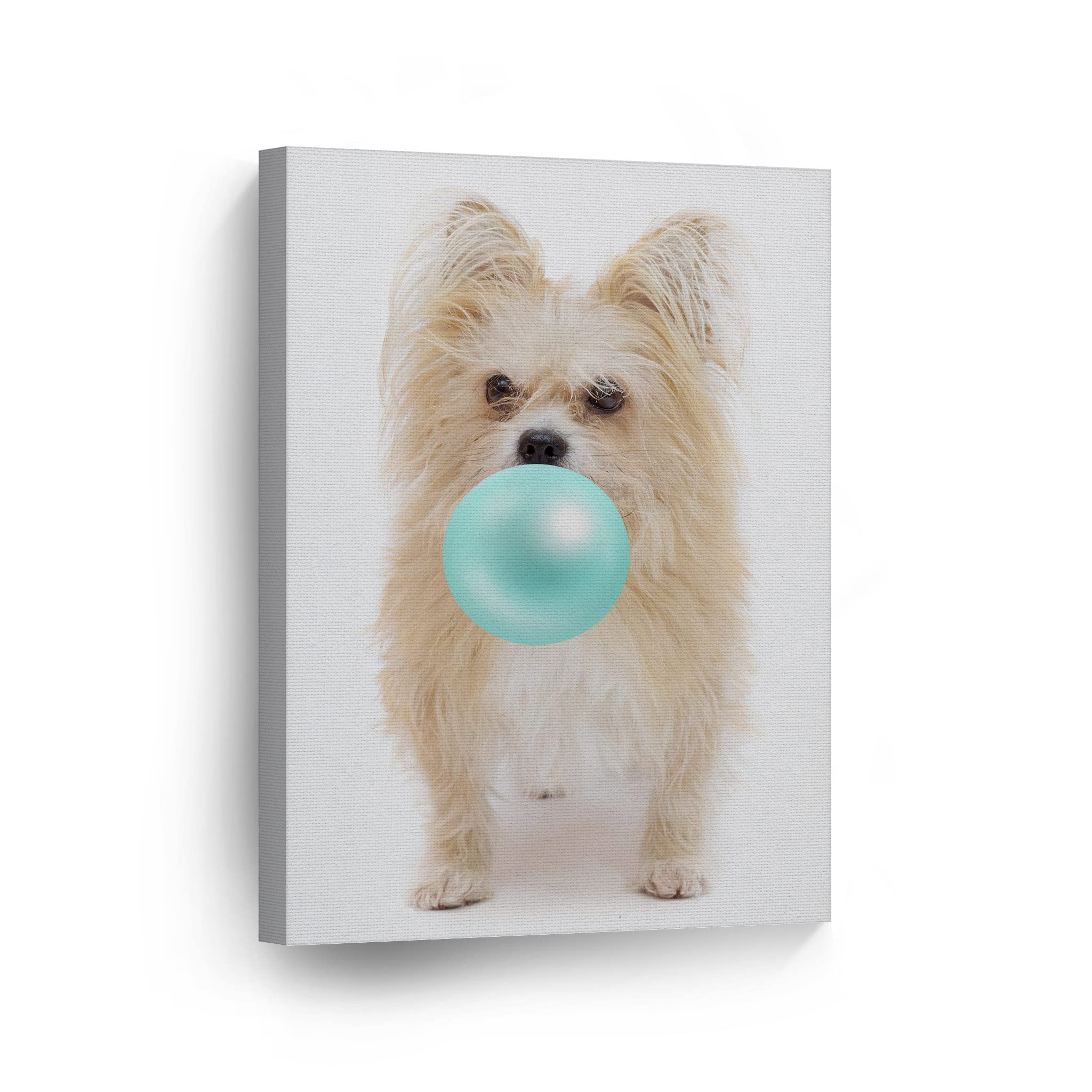 Cute Yorkshire Terrier Dog Bubble Gum Pop Art Canvas Print - Teal Blue Animal Wall Decor for Kids Room, Nursery & Home - Ready to Hang 22x15 Inch - Made in USA | Perfect for Pet Lovers' Gift & Modern Interior Design
