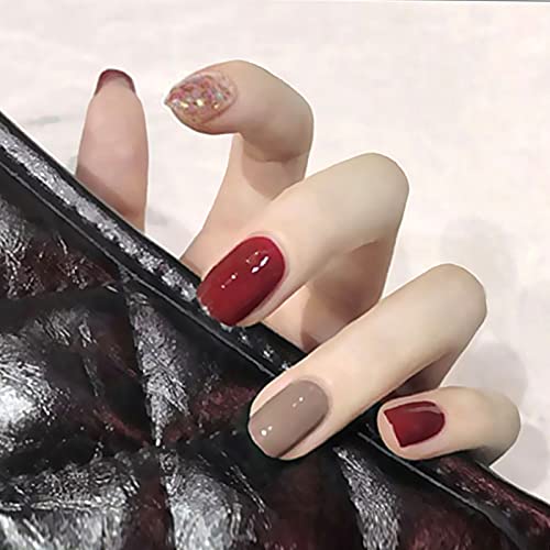 24pcs Fake Nails with Glue - Short Square Press on Nails with Red Wine Glitter Design, Easy to Apply & Remove, Perfect for Parties, Weddings & Daily Manicure