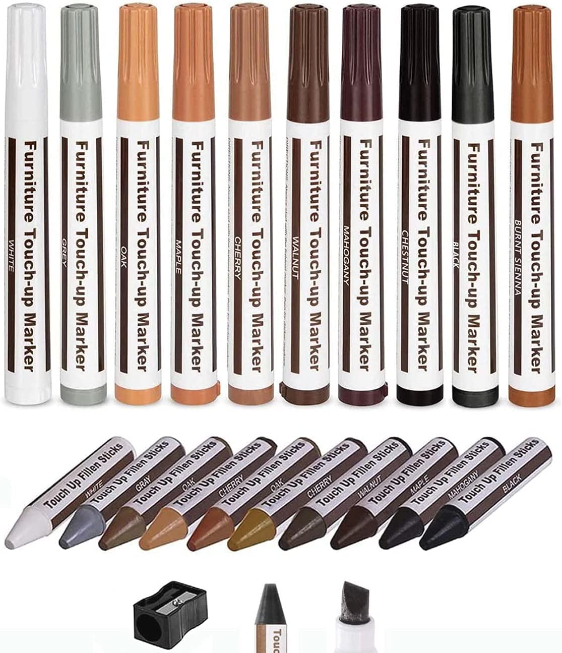 21-Piece Wood Repair Kit - Furniture Markers & Wax Sticks with Sharpener for Scratch Repair on Tables, Desks, Floors | DIY Home Improvement & Touch-Up Solution