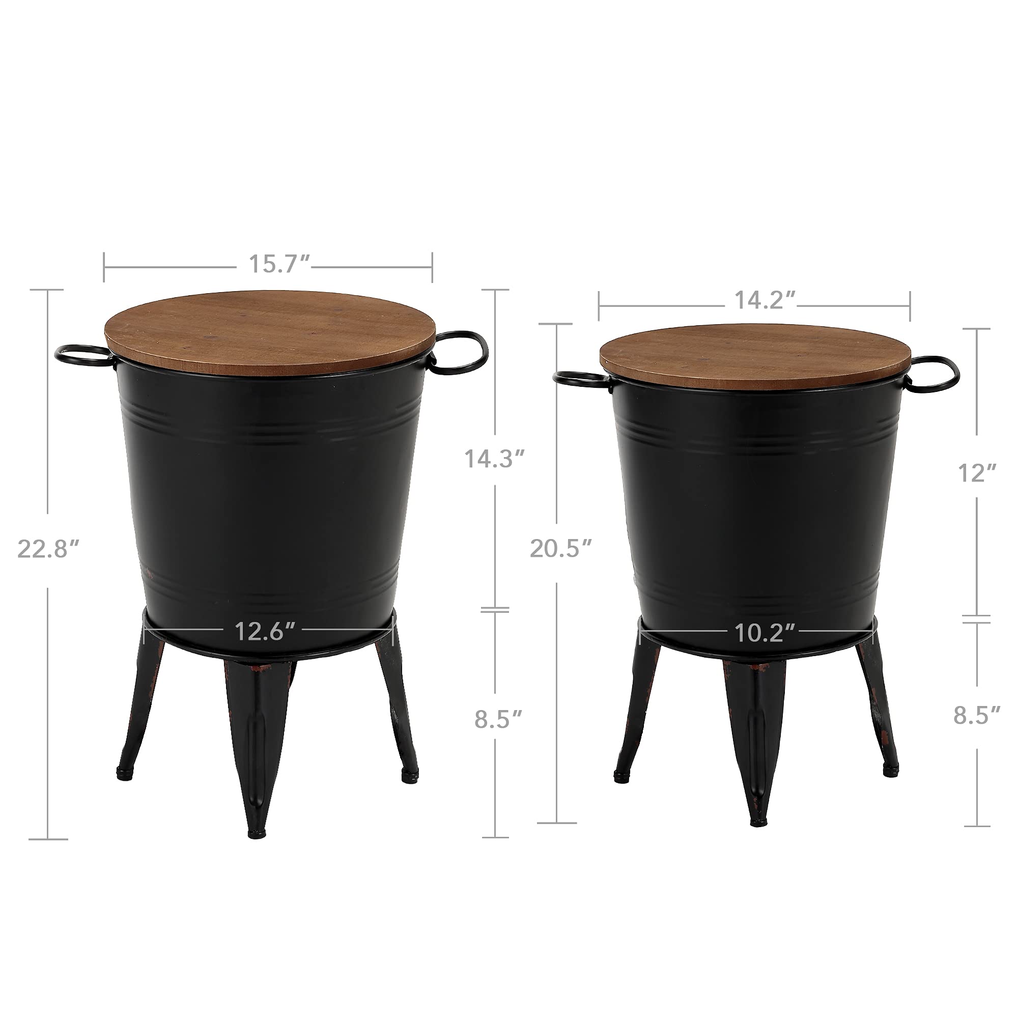 RUSTOWN Farmhouse Accent Side Table Set of 2 - Rustic Antique Galvanized Metal End Table with Round Wood Lid, Coffee or Cocktail Table with Storage Bin (Black) - Perfect for Living Room, Bedroom, or Patio Decor
