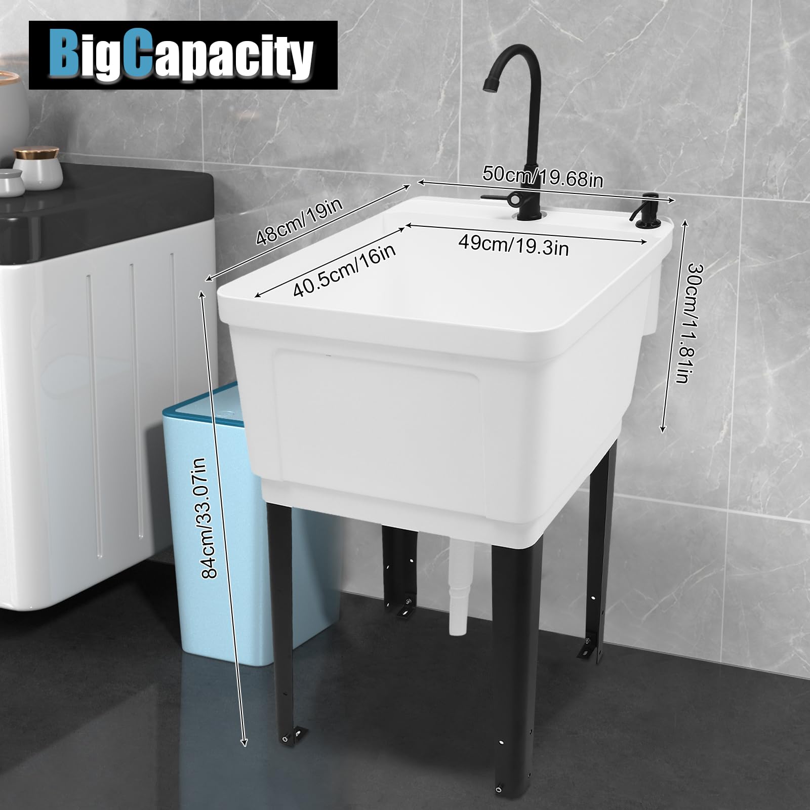 Space Saving Utility Sink with Rotatable Faucet & Soap Dispenser - Freestanding Laundry Tub for Washing Room, Basement, Garage or Workshop (White) - Perfect for Small Spaces, Hand Washing Clothes, and Cleaning Tools