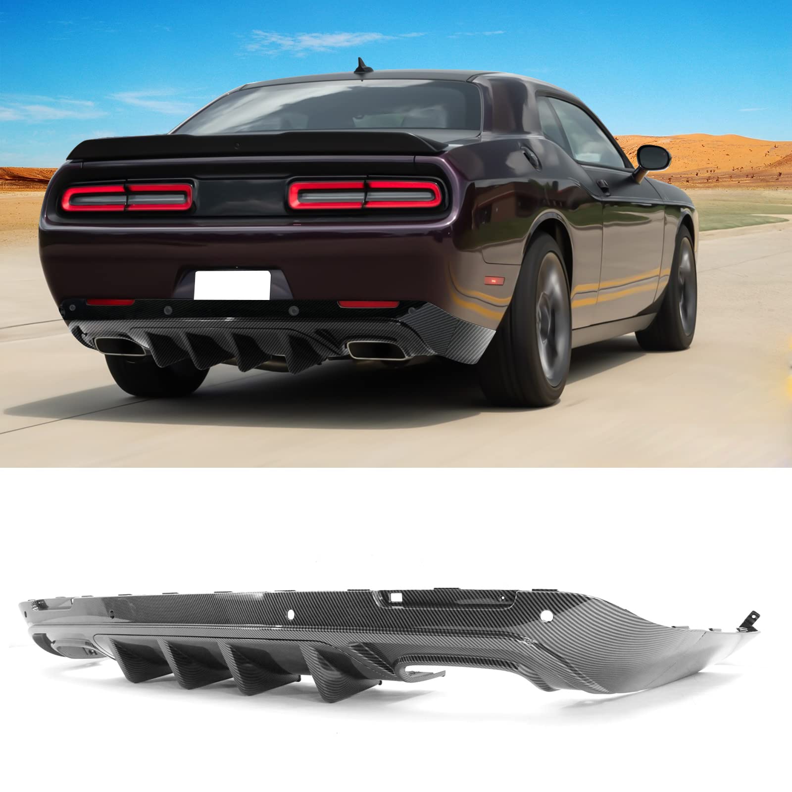 FREEMOTOR802 Rear Diffuser for 2015-2023 Dodge Challenger | IKON V3 Style Carbon Fiber PP Bumper Lip Valance | 4-Piece Shark Fin Splitter Set | Upgrade Your Car's Aerodynamics & Style for Racing or Street Performance
