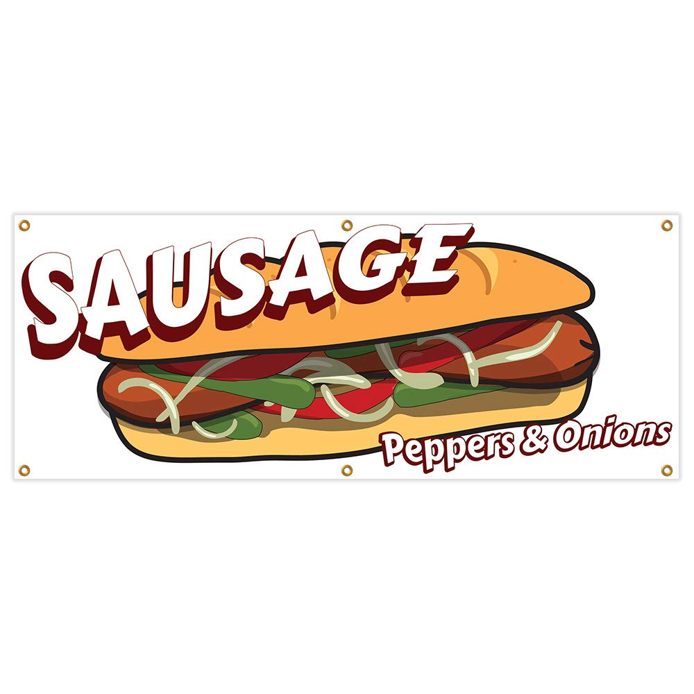 13 oz Heavy Duty Vinyl Banner 24x72 Inch - Sausage Peppers & Onions Design with Grommets | Single Sided Outdoor Advertising for Food Trucks, Festivals & Restaurant Promotions