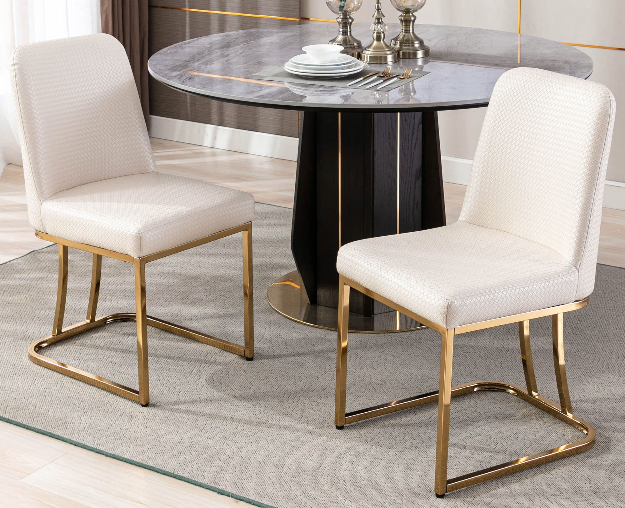 VESCASA Mid Century Modern Dining Chairs Set of 2 - Woven Faux Leather Upholstered Seats with Gold Metal Frame - Stylish for Dining Room, Restaurant, Kitchen & Home Decor - Perfect for Entertaining Guests & Family Gatherings