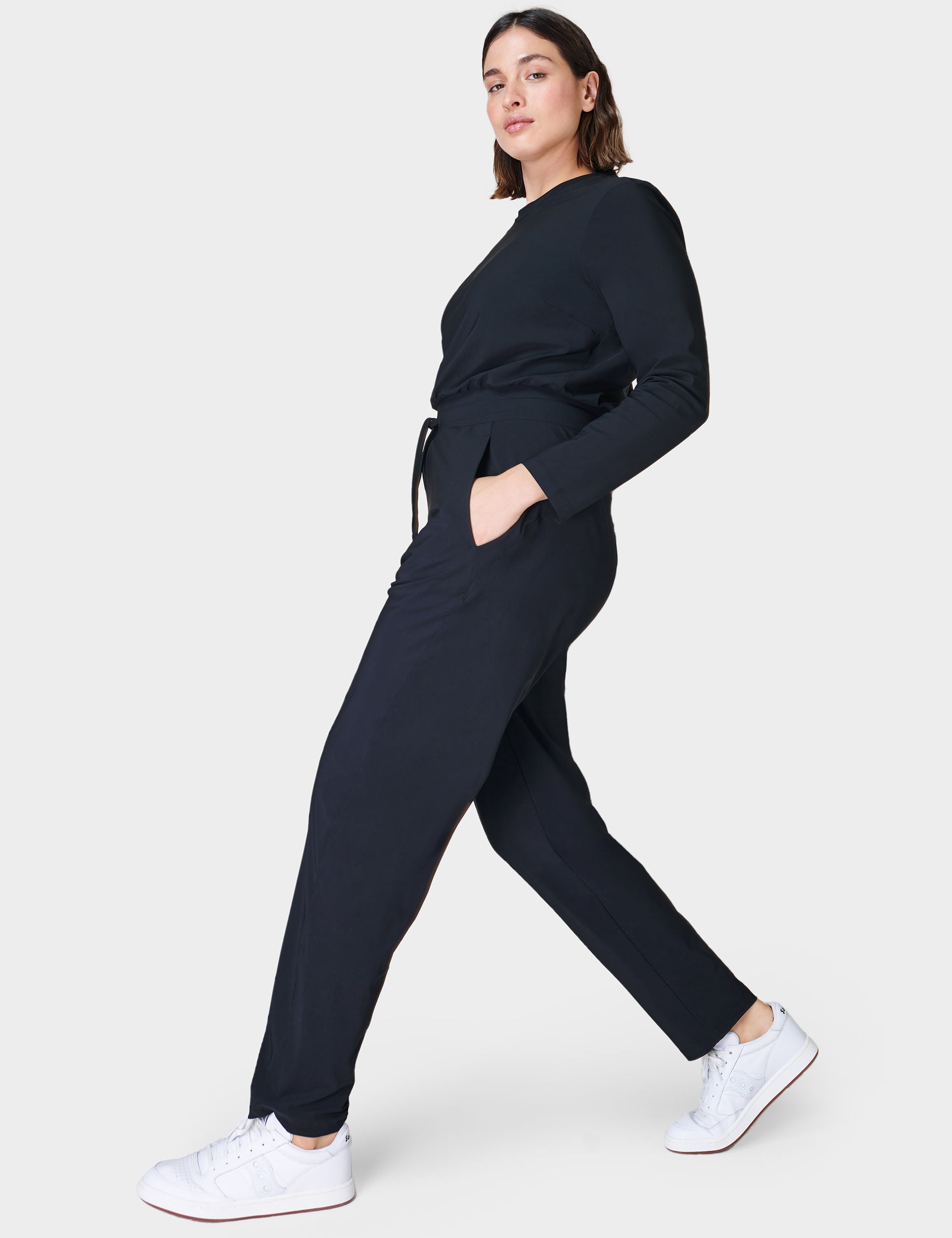 **Women's Black Explorer Long Sleeve Jumpsuit - Stylish & Comfortable One-Piece Outfit for Hiking, Travel & Casual Wear**