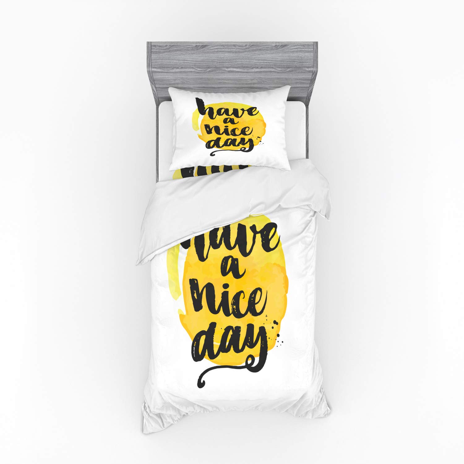 Ambesonne Positive Saying 'Have a Nice Day' 3-Piece Duvet Cover Set with Brush Stroke Lettering - Twin XL Size in Charcoal Grey & Yellow | Includes Sham & Fitted Sheet | Perfect for Bedroom Decor, Guest Rooms & Dorm Essentials