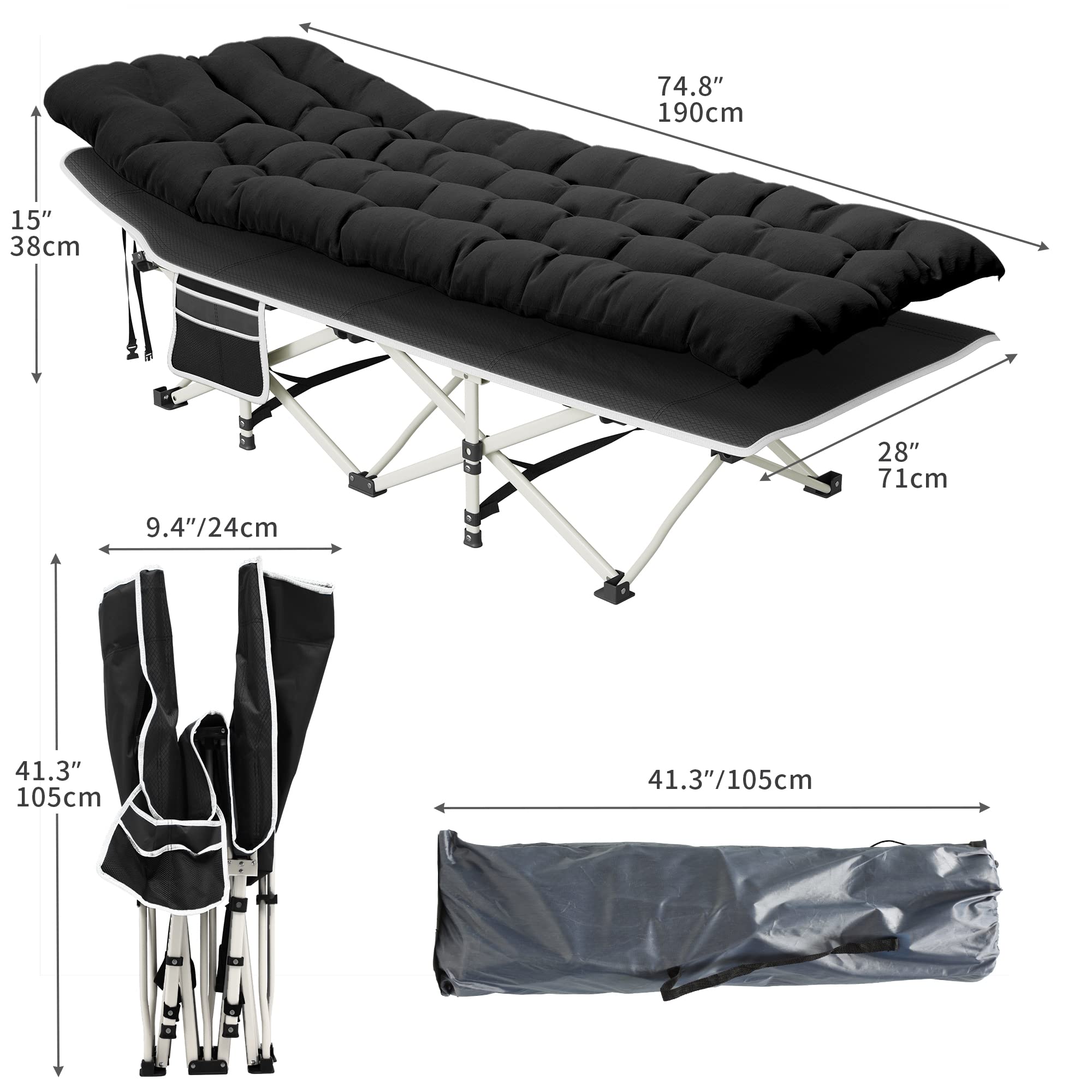 YITAHOME Foldable Camping Cot for Adults - Heavy Duty Portable Bed with Extra Thick Mattress, Sturdy Thick Tubes - Perfect for Outdoor Travel, Office Nap & Guest Bed - Black
