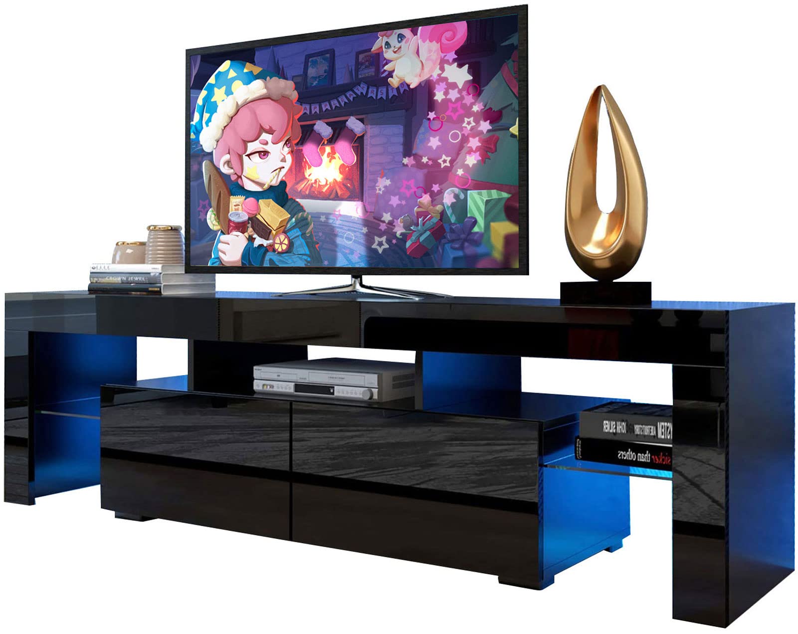 Black LED TV Stand for 50/60/70 Inch TVs with Color-Changing Lights - Universal Entertainment Center with Clear Glass Shelves for Gaming, Movies & Home Theater Setup - Perfect for Living Room & Bedroom Decor