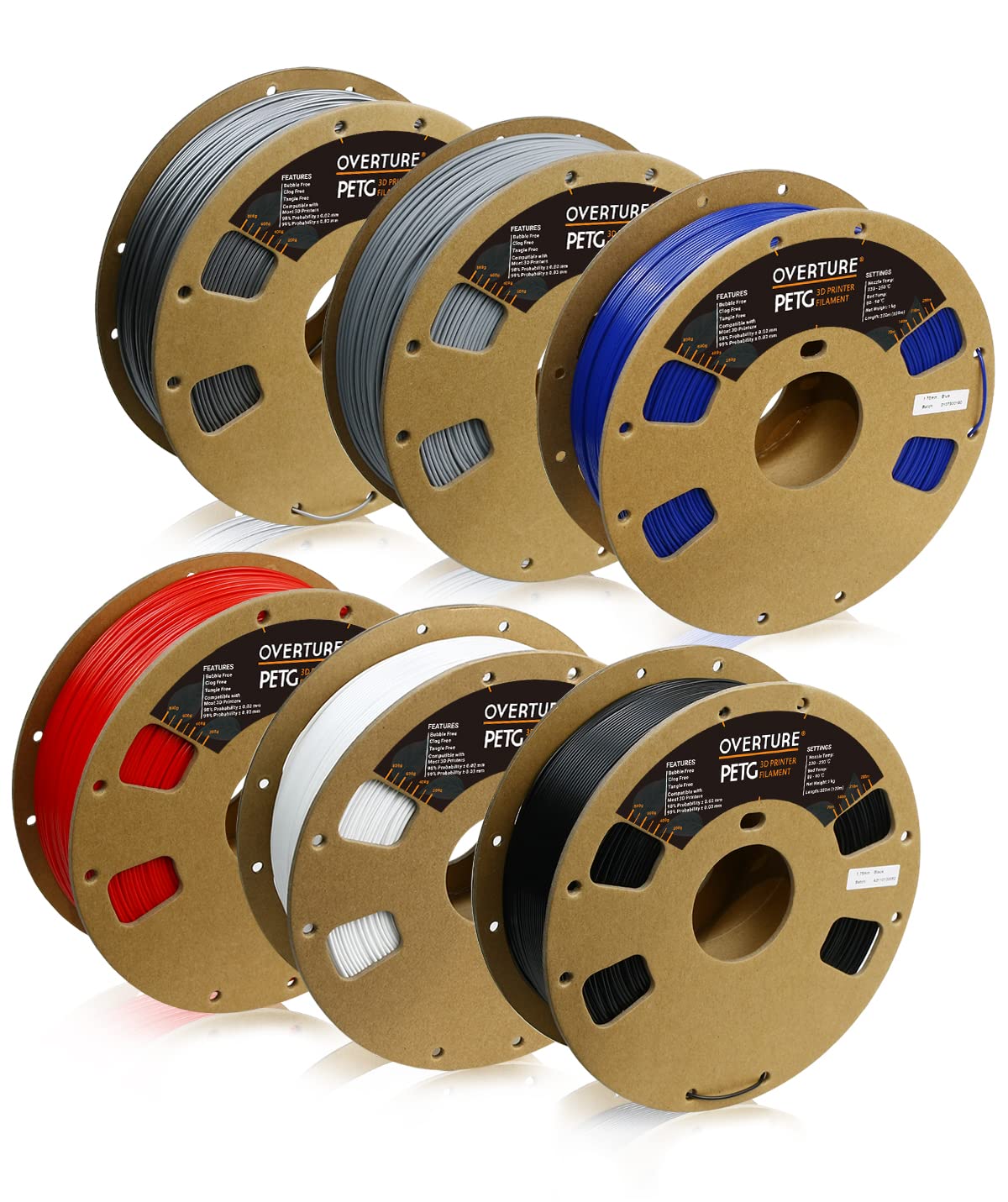 Overture PETG Filament 1.75mm for 3D Printing - 6kg Spool (13.2lbs) with 99% Dimensional Accuracy (±0.03mm) - 6-Pack Multi-Color Filament Bundle Compatible with Most FDM Printers - Perfect for DIY Projects, Prototyping & Cosplay Creations