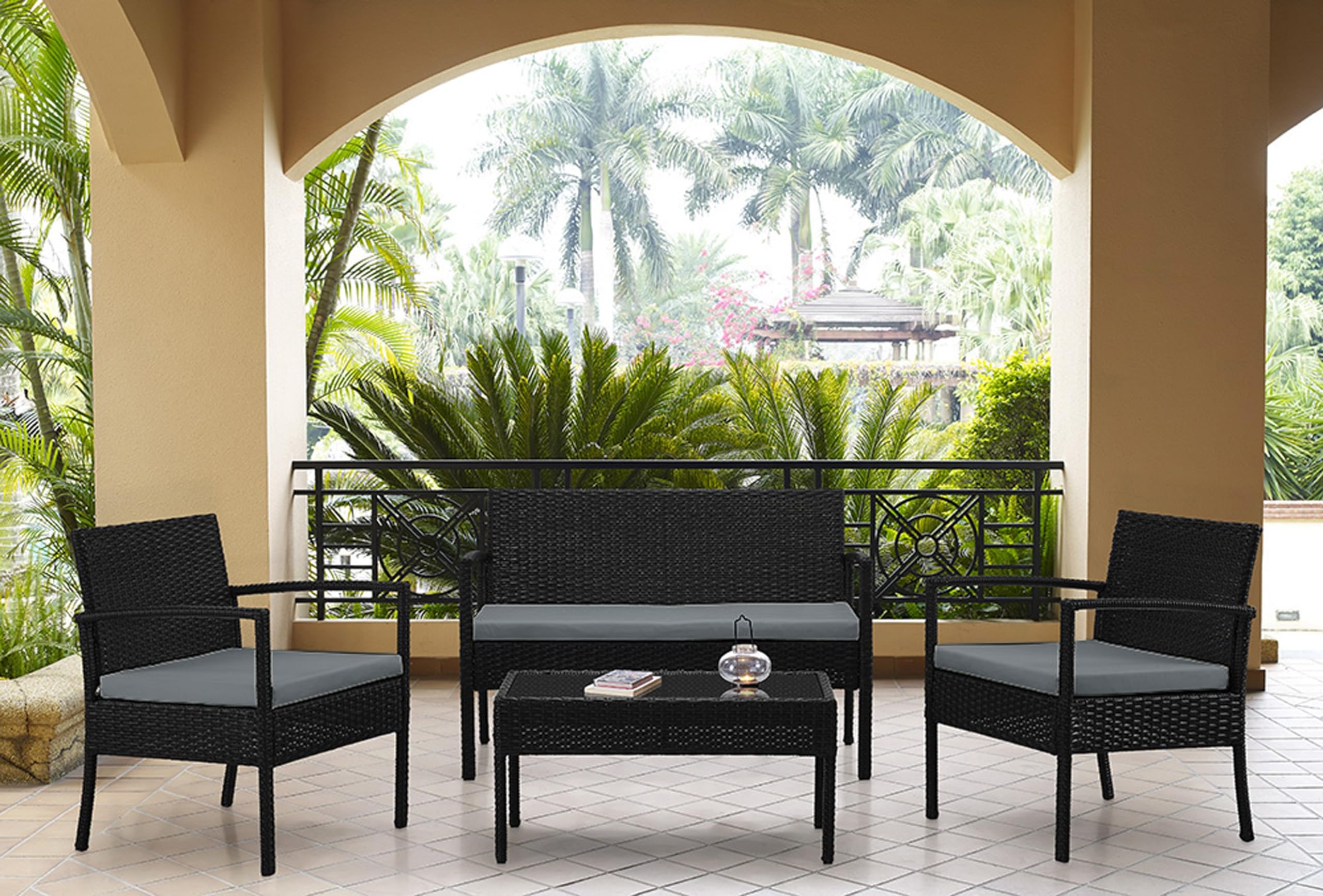 Manhattan Comfort Noli 4-Piece Outdoor Patio Furniture Set - Steel Rattan Conversation Set with 2 Armchairs, Loveseat & Tempered Glass Coffee Table | Waterproof Cushions | Grey | Perfect for Garden, Backyard, Poolside & Terrace Relaxation