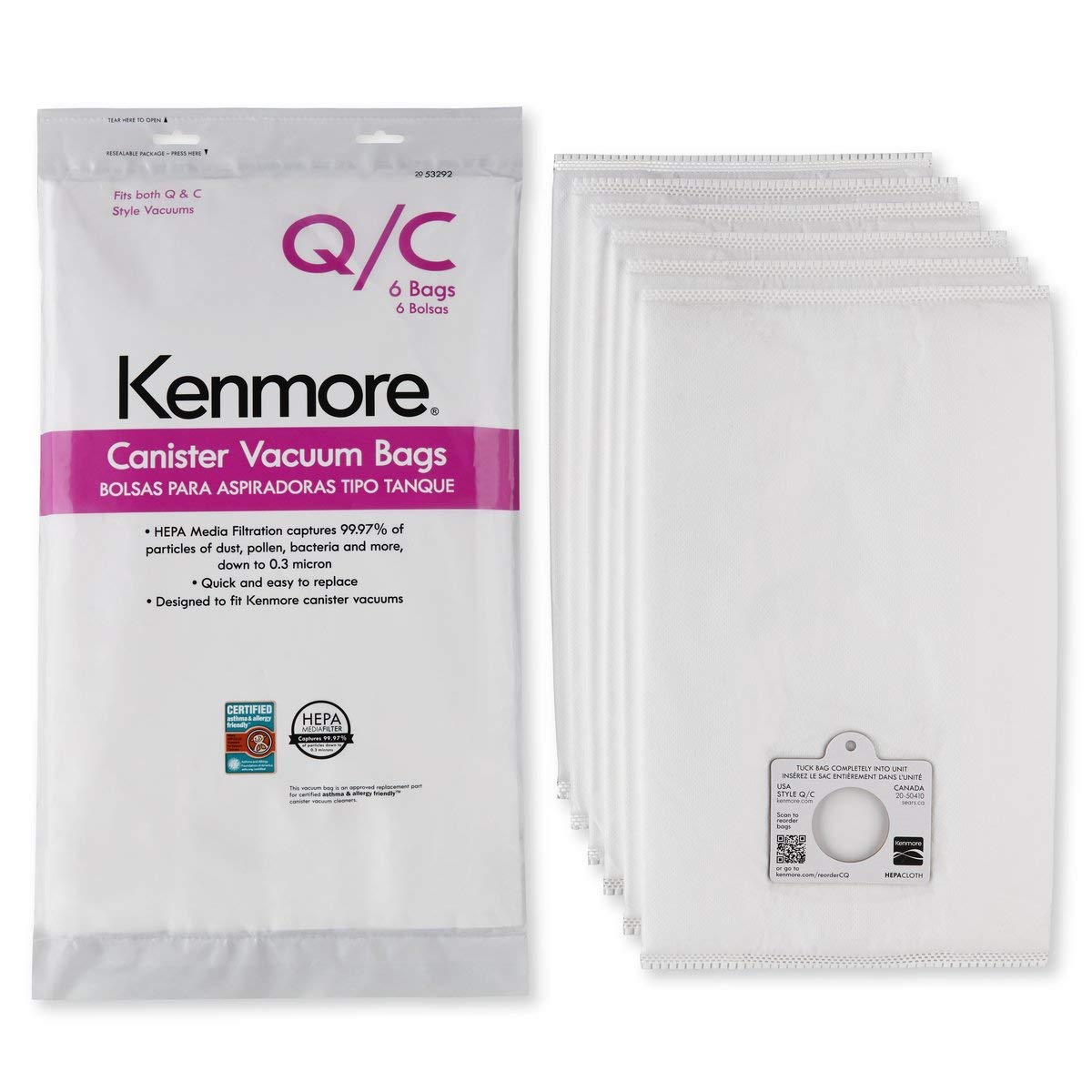 Kenmore 53292 Style Q HEPA Cloth Vacuum Bags 6-Pack - Compatible with Kenmore Canister Vacuum Cleaners | Traps Dust, Allergens & Pet Hair | Ideal for Home Cleaning & Allergy Relief