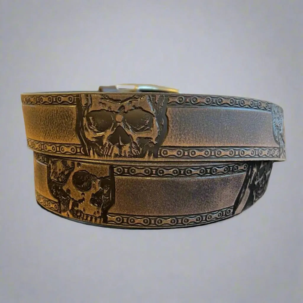 Keldon Genuine Grain Leather Men's Skull Belt with Removable Buckle - Stylish Gothic Accessory for Casual Wear, Halloween Costumes & Biker Outfits