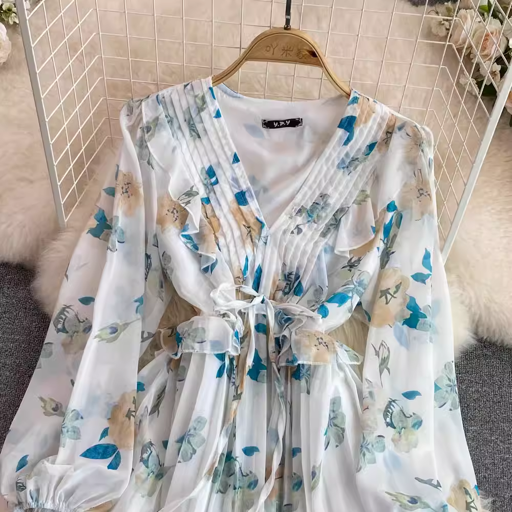 Elegant Autumn Retro V-Neck Long Sleeve Floral Chiffon Dress - A-Line Flowy Style for Women | Perfect for Fall Weddings, Parties & Date Nights