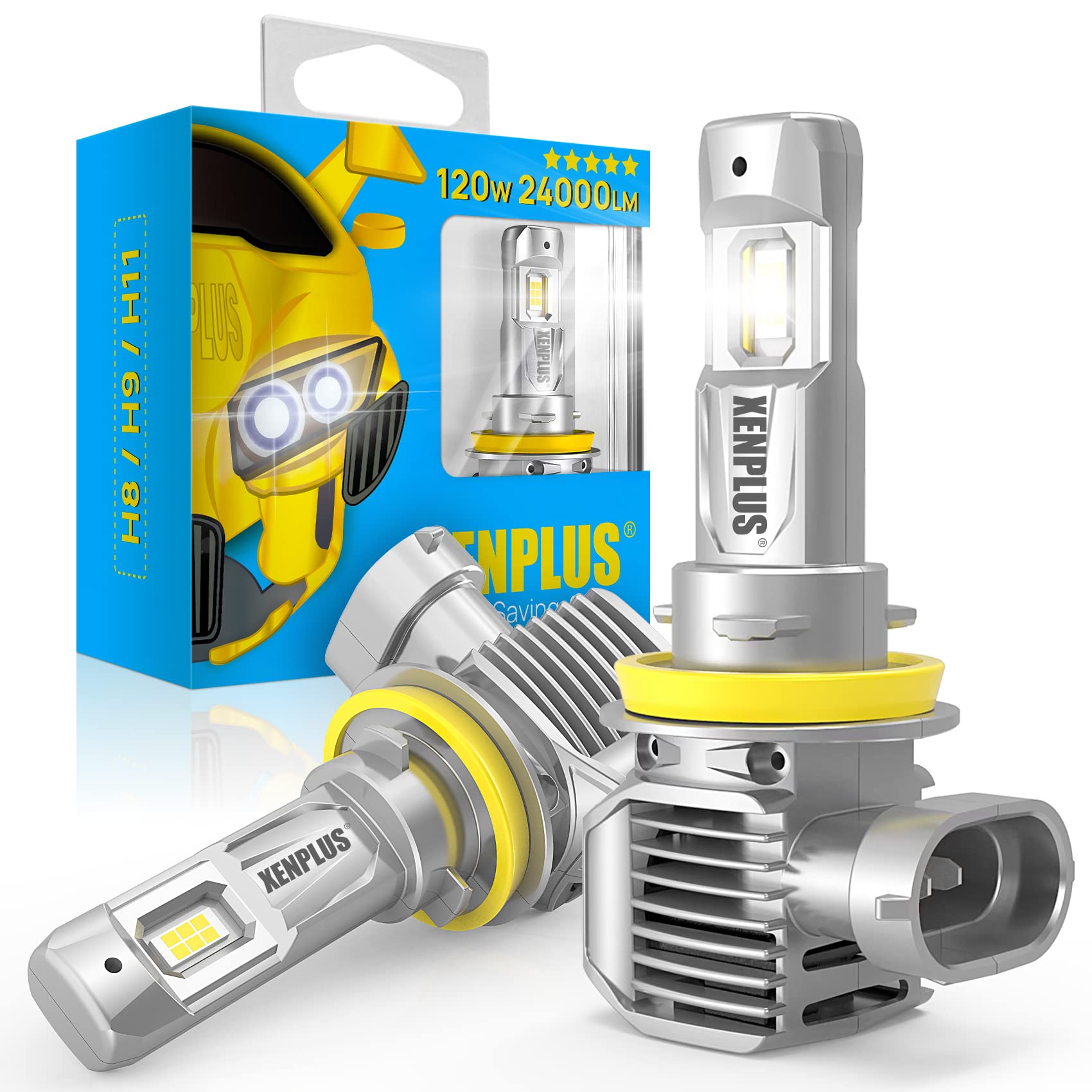 XENPLUS H11 LED Headlight Bulbs 120W 24000LM - 700% Brighter 6500K Cool White IP68 Waterproof - H11/H9/H8 LED Conversion Kit Plug and Play - Pack of 2 - Perfect for Night Driving, Off-Road & Foggy Conditions