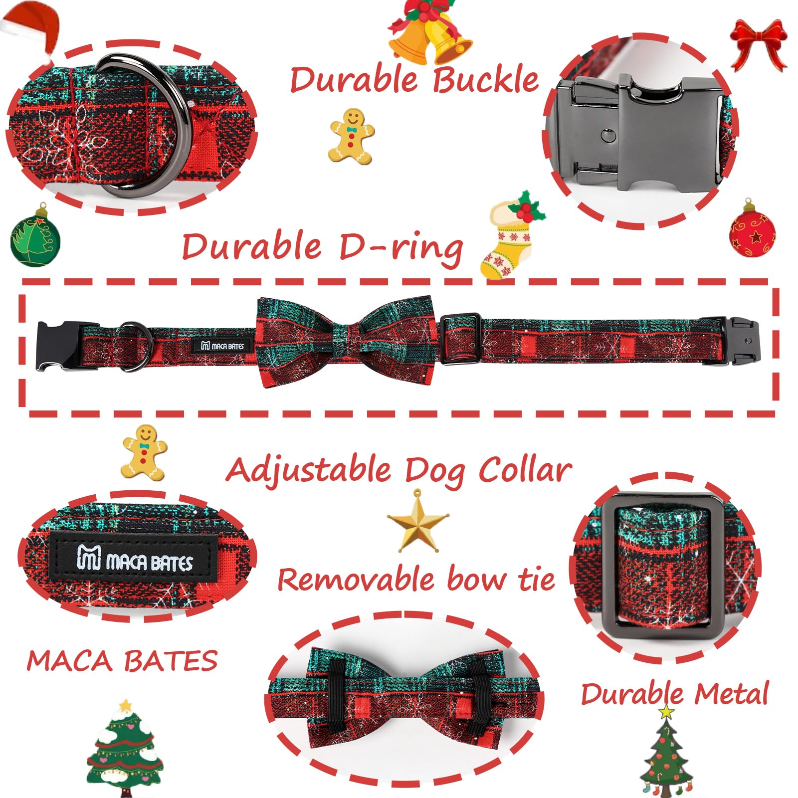 Festive Christmas Plaid Dog Collar with Bow Tie - Soft Cotton Adjustable Collar with Metal Buckle for Small, Medium & Large Dogs - Perfect for Holiday Photos, Parties & Gift Giving