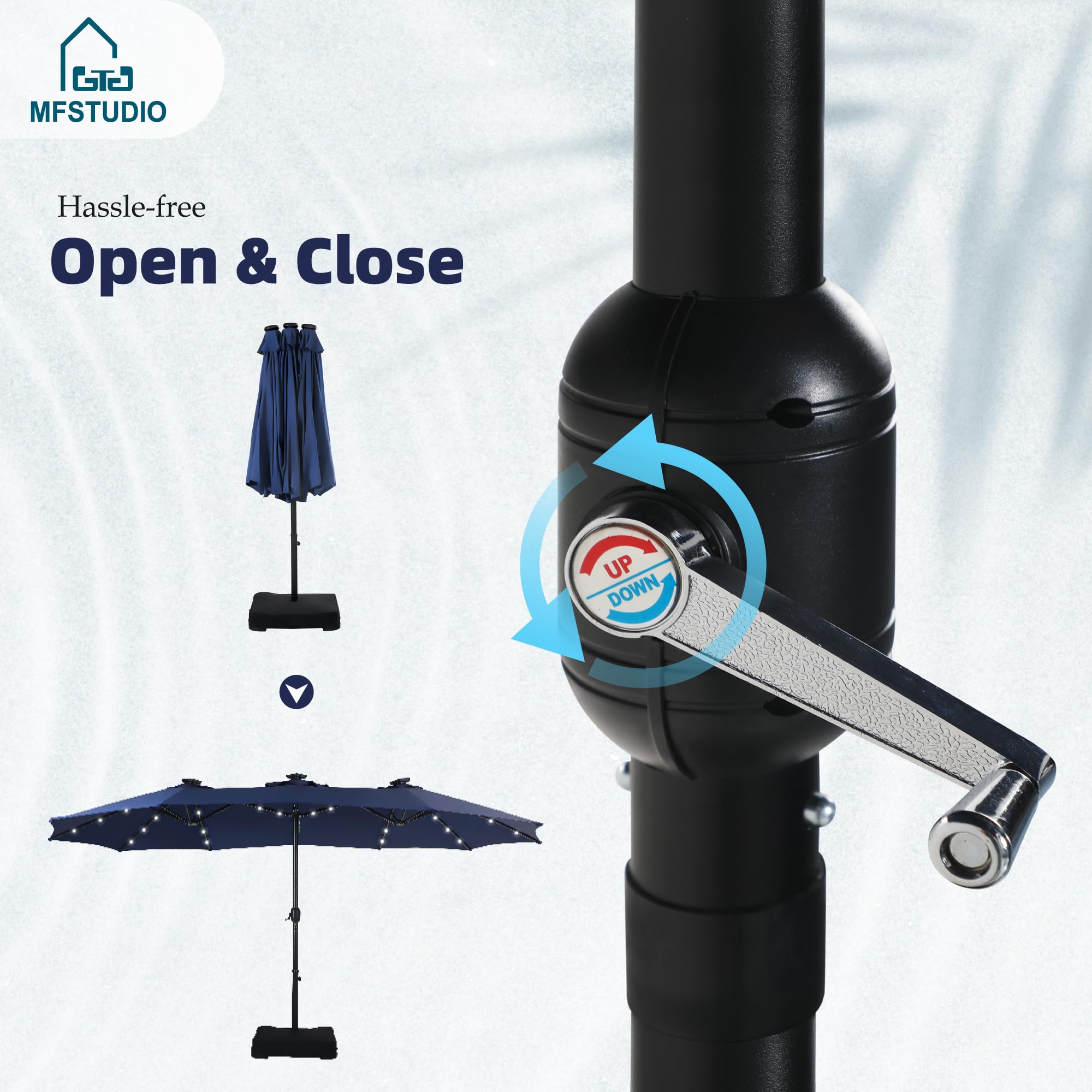 MFSTUDIO 15ft Double Sided Solar LED Patio Umbrella with Crank Handle - Outdoor Rectangular Market Umbrella for Deck, Pool, Garden, and Backyard Shade - Includes Base & 36 LED Lights for Nighttime Ambiance