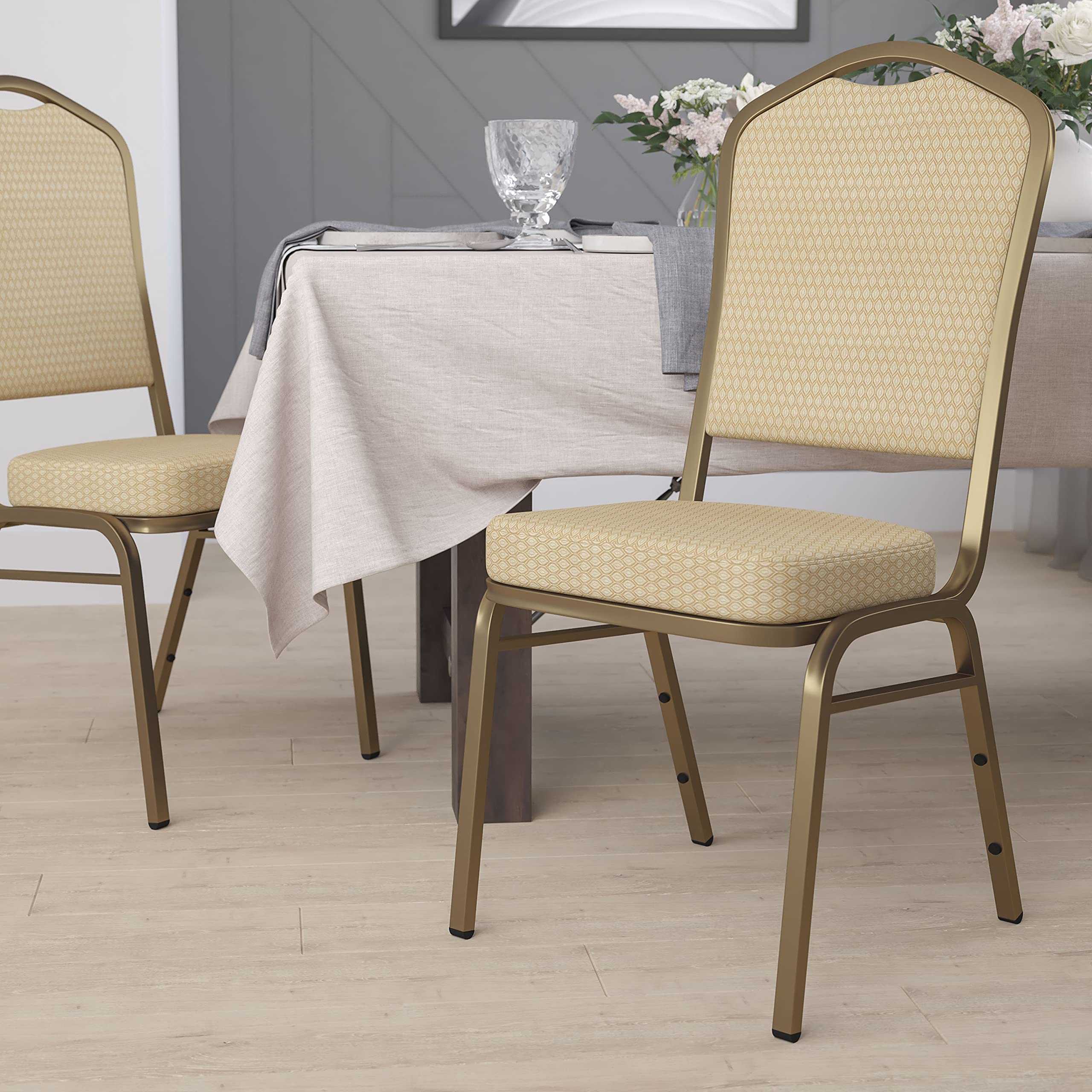 Flash Furniture HERCULES Series Beige Patterned Fabric Crown Back Stacking Banquet Chair with Gold Frame - Perfect for Weddings, Events & Conference Room Seating