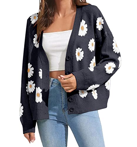 Women's Floral Print Cardigan - Long Sleeve Open Front Button Down V Neck Knitted Sweater for Spring & Fall | Casual Office Wear, Layering Piece, Weekend Outfits