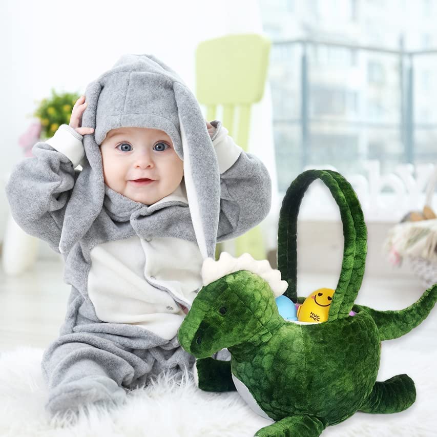 Personalized 3D Adorable Plush Dinosaur Easter Basket - Custom Embroidery Name, Green Dino Egg Hunting Basket for Kids, Easter Gift Bag for Boys & Girls - Perfect for Easter Egg Hunts, Birthday Gifts & Nursery Decor
