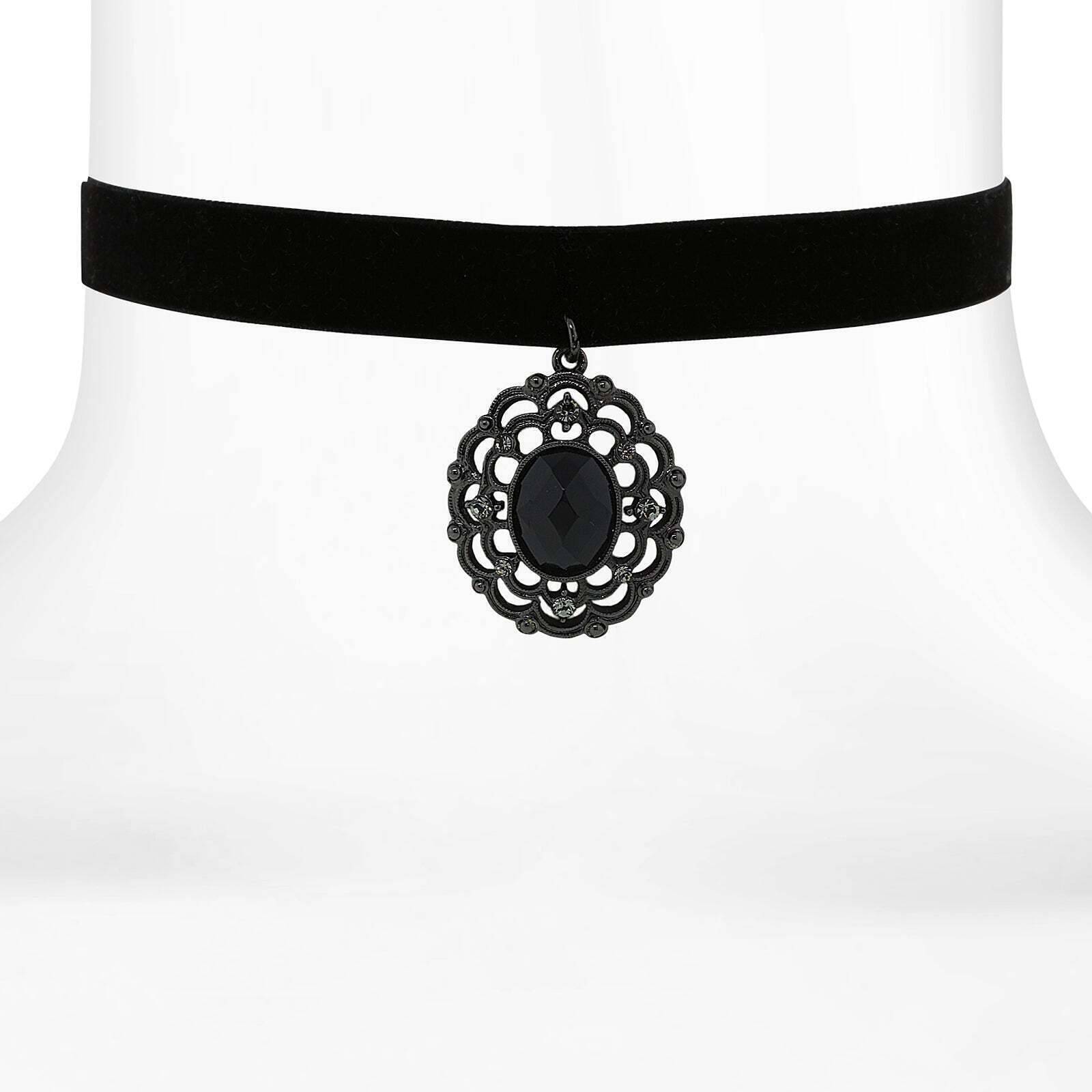 1928 Jewelry Black Velvet Choker Necklace with Large Filigree Crystal Pendant - Elegant Gothic Vintage Style for Women, Perfect for Parties, Weddings & Evening Events