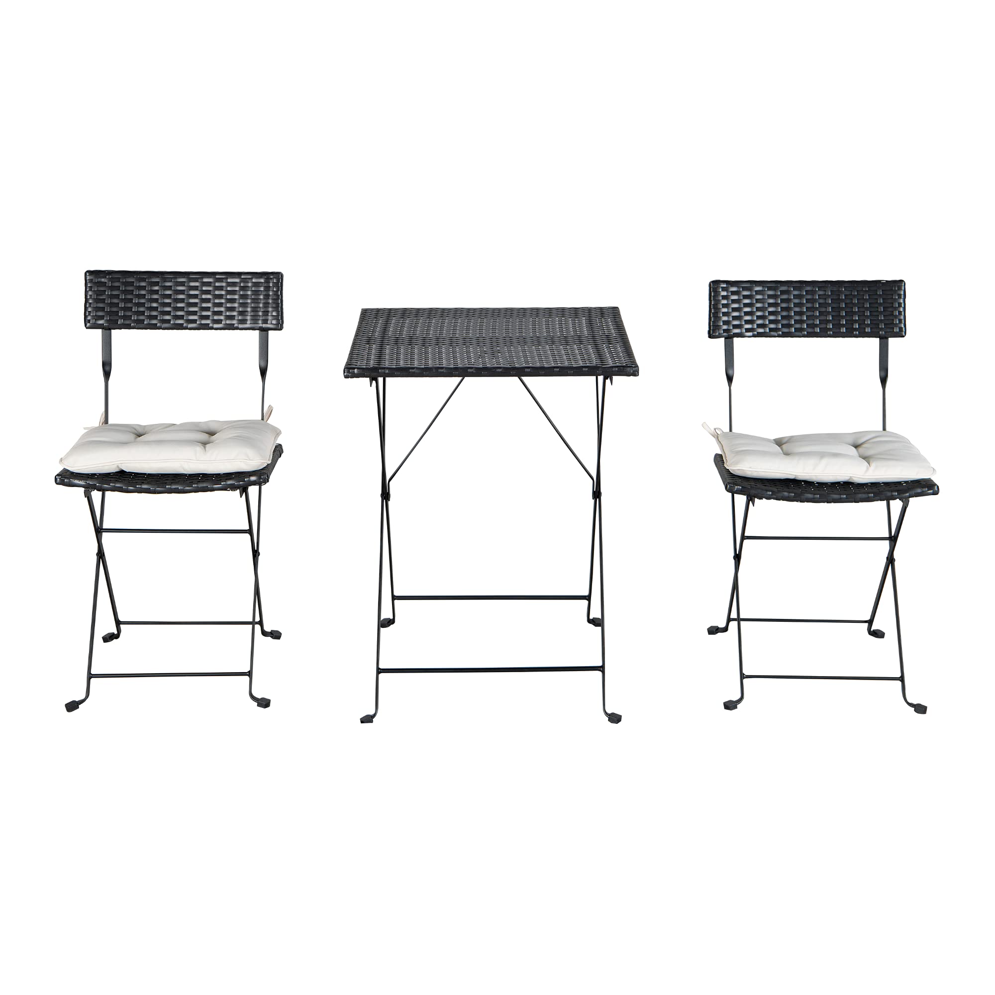 Black PE Wicker Outdoor Bistro Set - Folding Patio Table with 2 Chairs & Beige Cushions - Perfect for Garden, Balcony or Poolside Dining