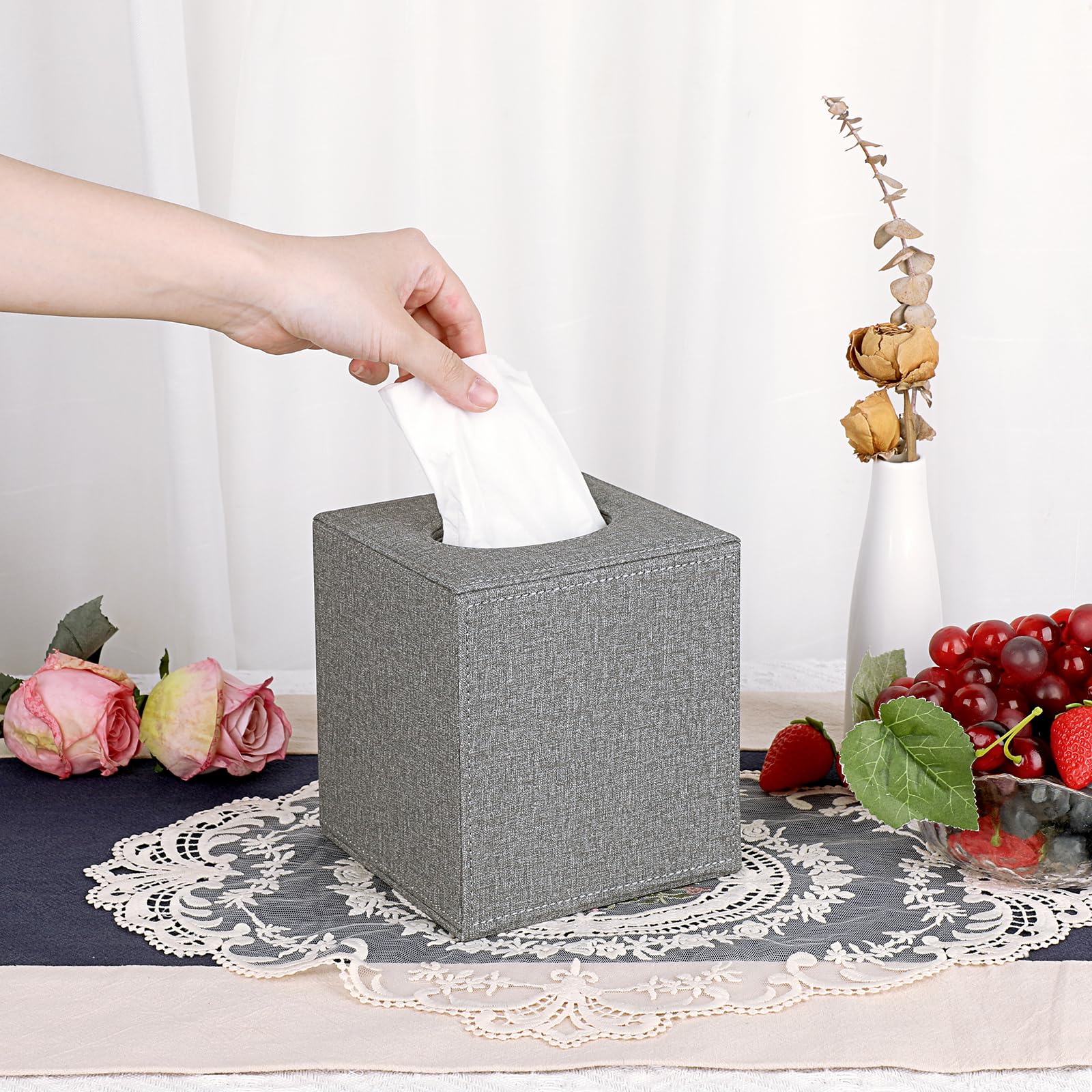 Sumnacon Square Linen Tissue Box Cover - Stylish Magnetic Tissue Box Holder for Home & Office Decor | Decorative Cube Tissue Box for Vanity, Dresser, Nightstand, Car | Grey Home Accessory for Living Room, Bathroom & Bedroom