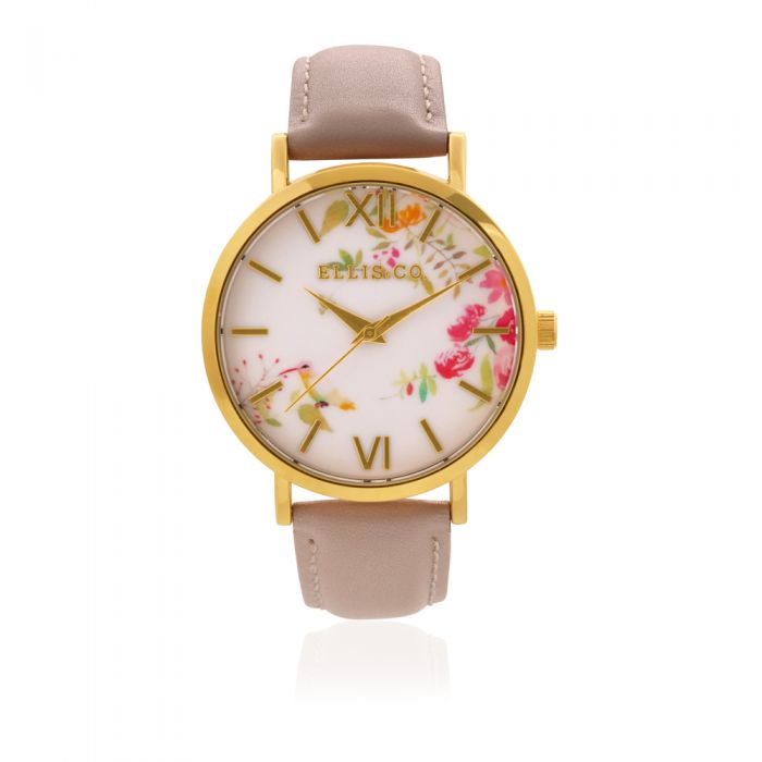 Ellis & Co Holly Floral Dial Women's Watch with Nude Leather Band - Elegant Floral Design for Everyday Wear & Special Occasions