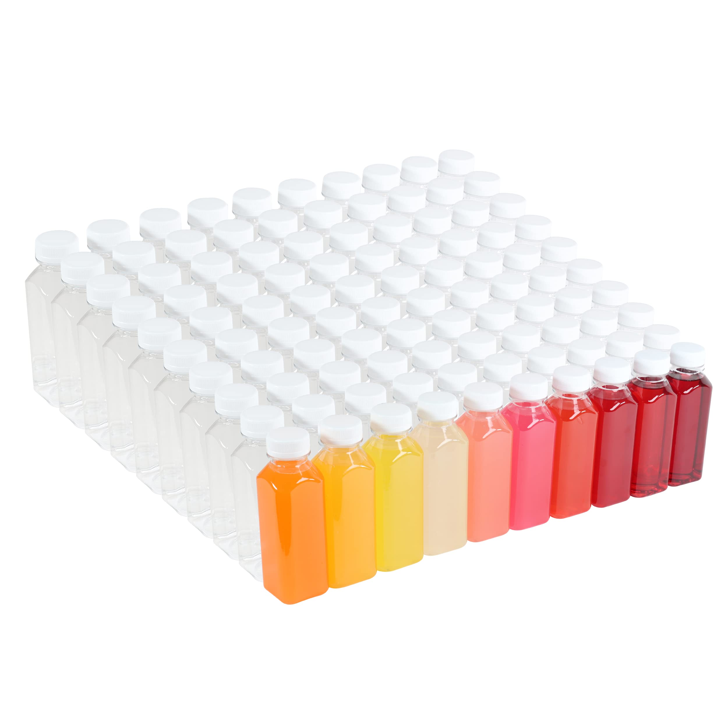 G Francis 12oz (355mL) Clear PET Plastic Juice Bottles with White Lids - 100 Pack Cold Press Green Juice & Smoothie Containers - Sealable Drink Bottles for On-The-Go, Meal Prep, Juice Bars & Home Brewing