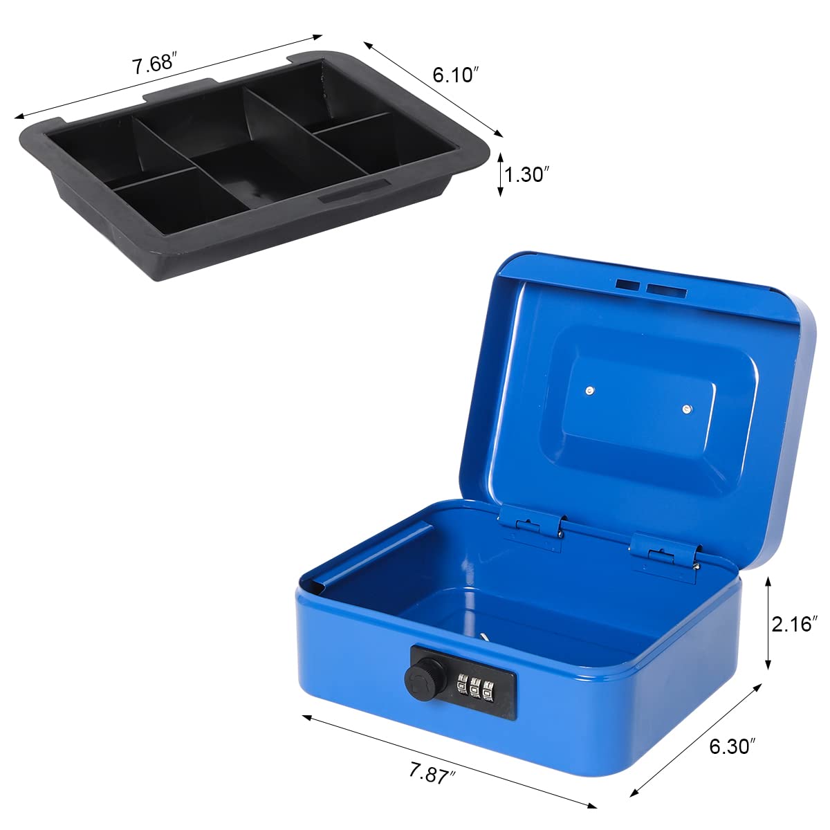 Small Metal Cash Box with Combination Lock - 7.87 x 6.3 x 3.54 Inch Money Storage Box with Removable Tray - Secure Cash Organizer for Home, Office, Retail & Travel (Blue)